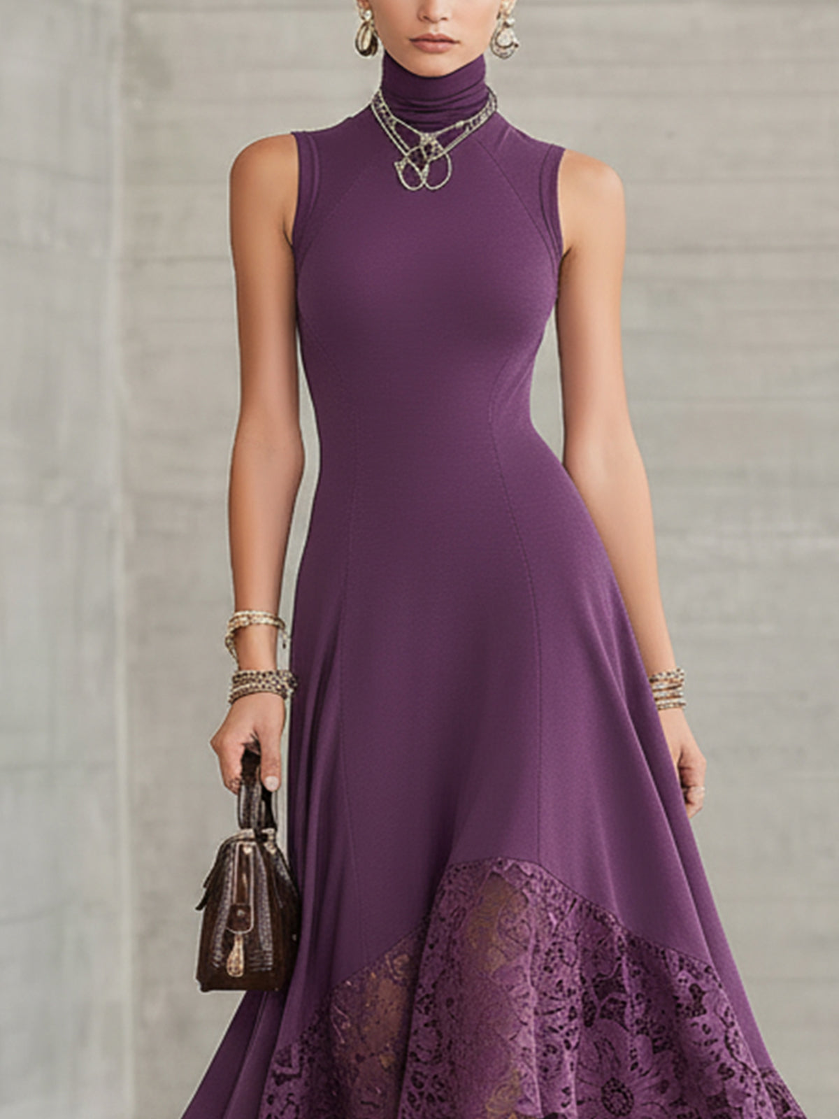 Purple Lace High-Low Sleeveless Turtleneck Maxi Dress