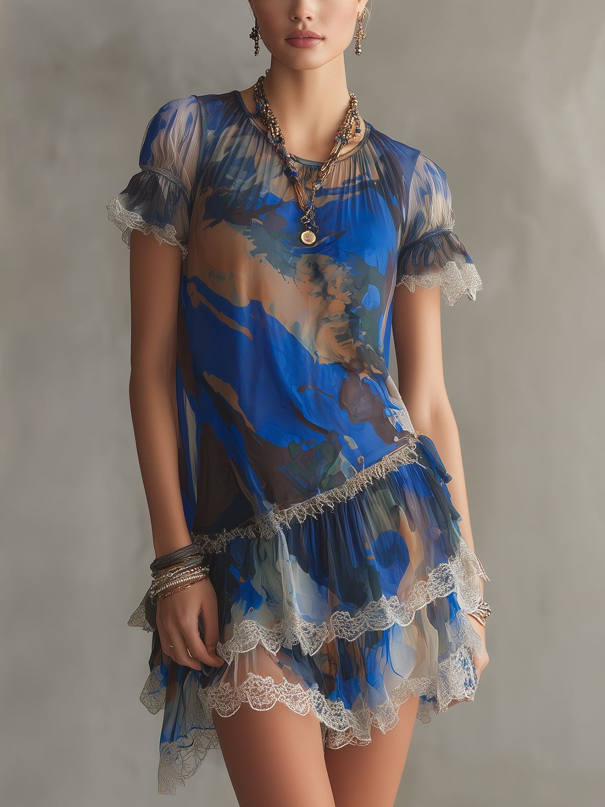 Blue Abstract Print Sheer Chiffon Ruffled Mini Dress