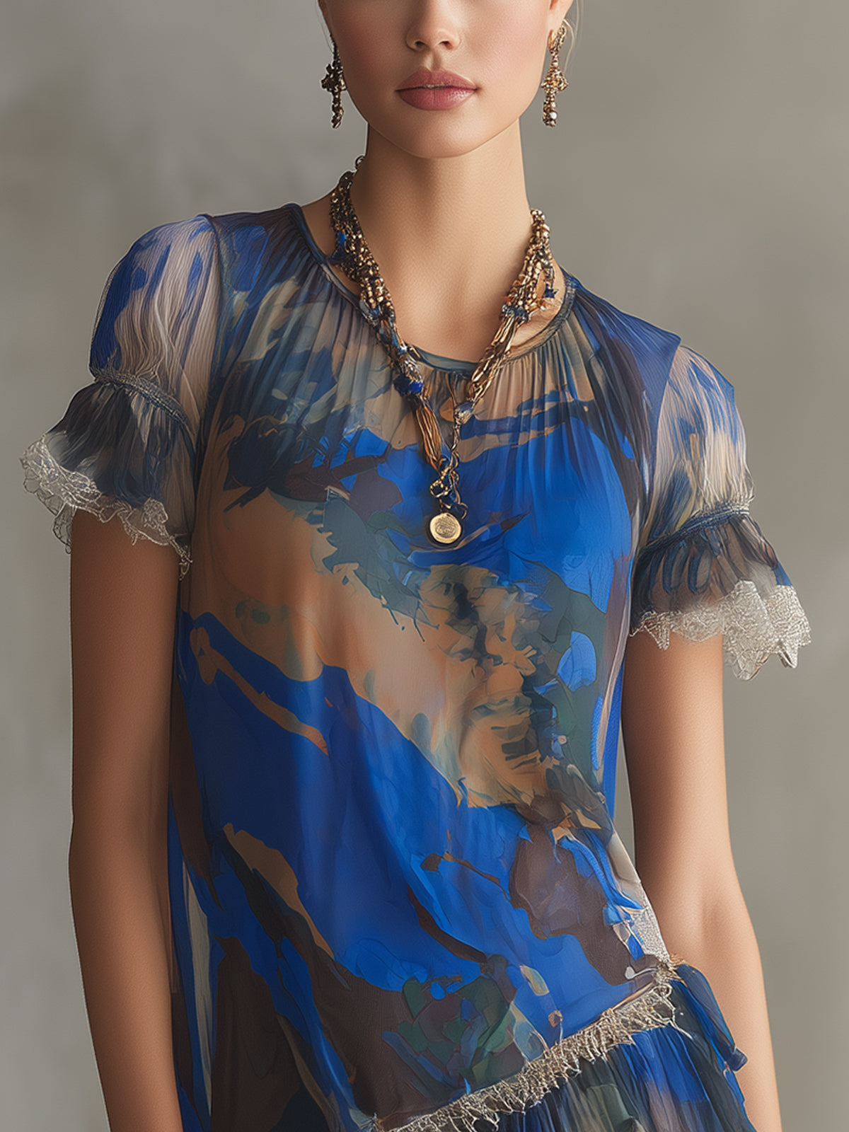 Blue Abstract Print Sheer Chiffon Ruffled Mini Dress