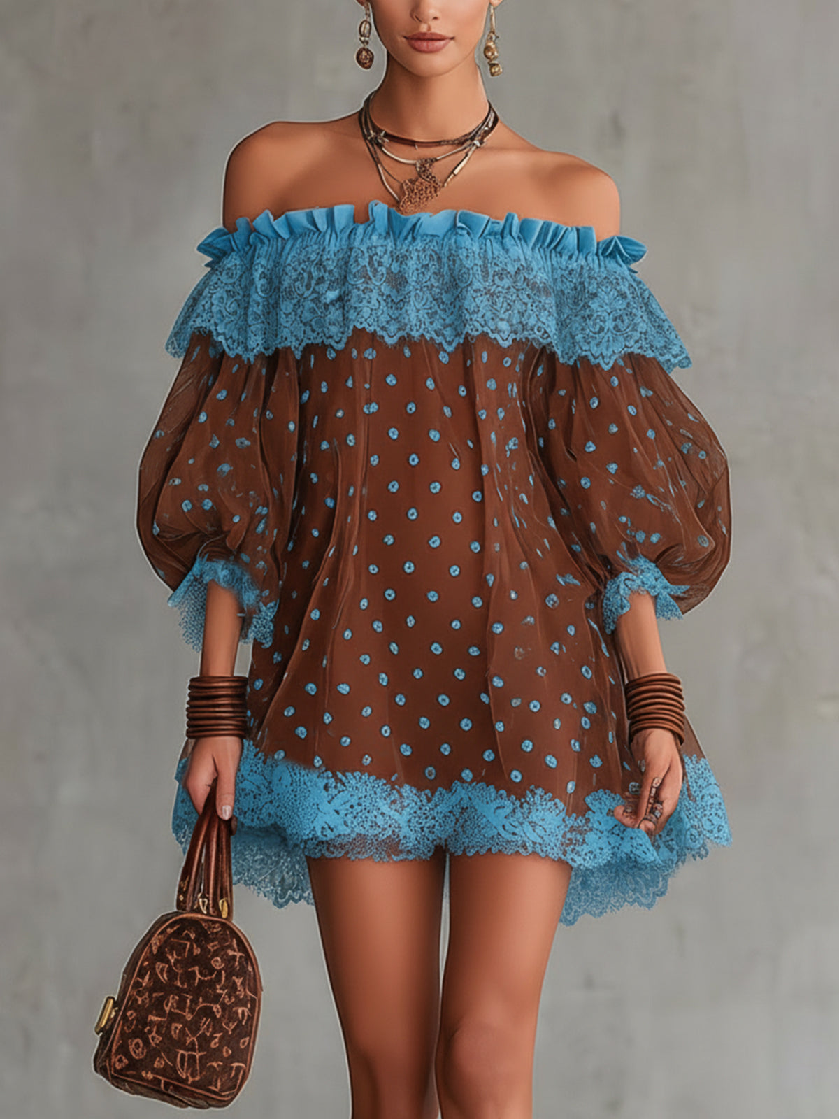 Brown And Blue Off-Shoulder Polka Dot Lace Mini Dress
