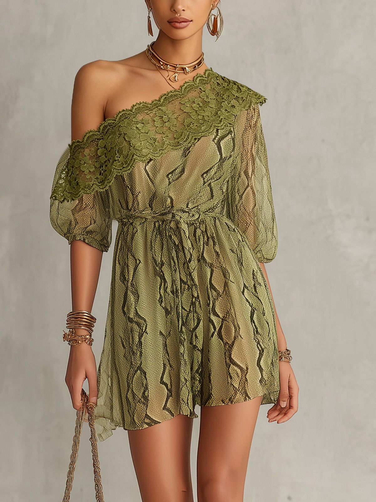 Olive Green One-Shoulder Lace Trim Snake Print Chiffon Mini Dress