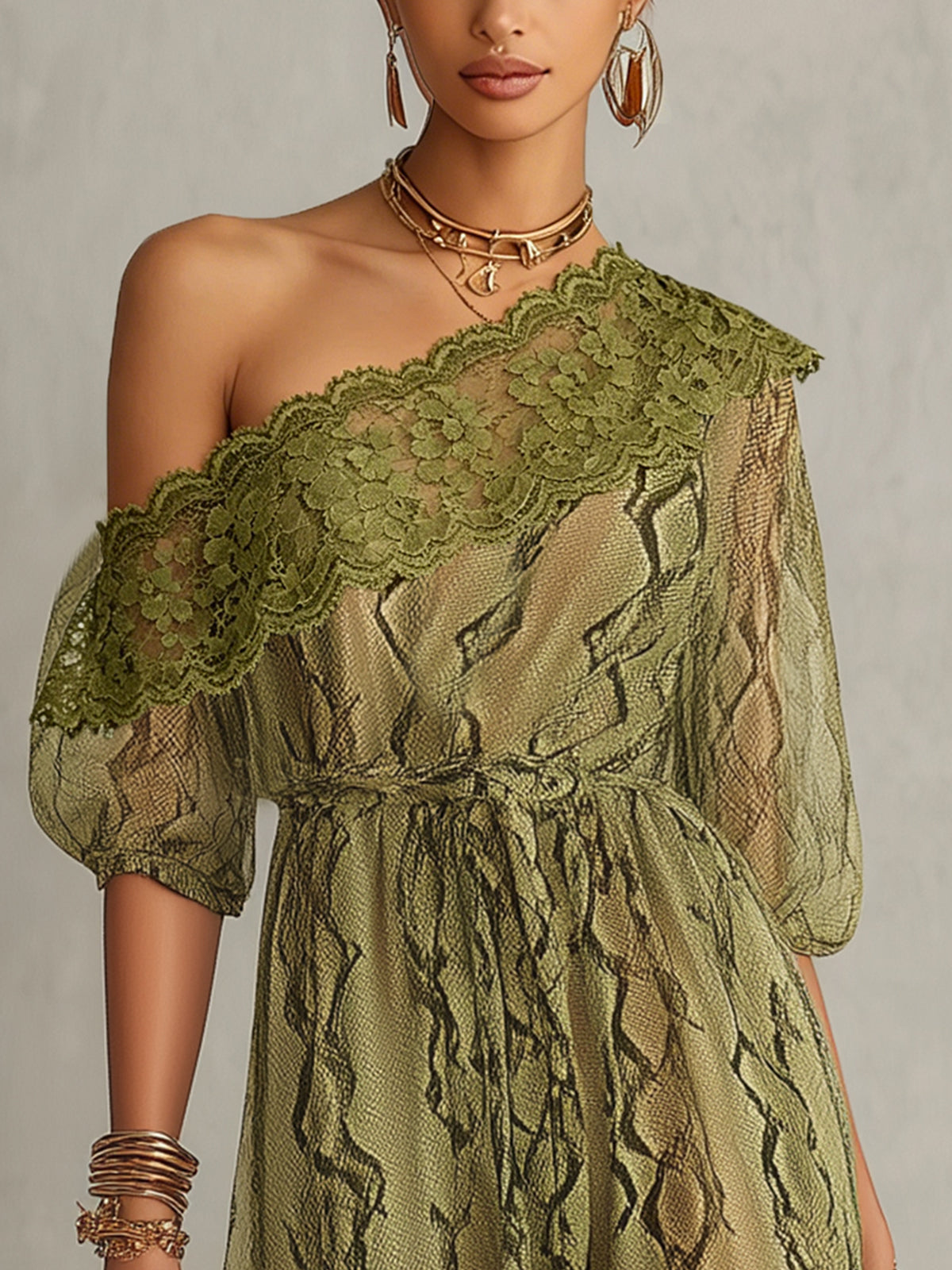 Olive Green One-Shoulder Lace Trim Snake Print Chiffon Mini Dress