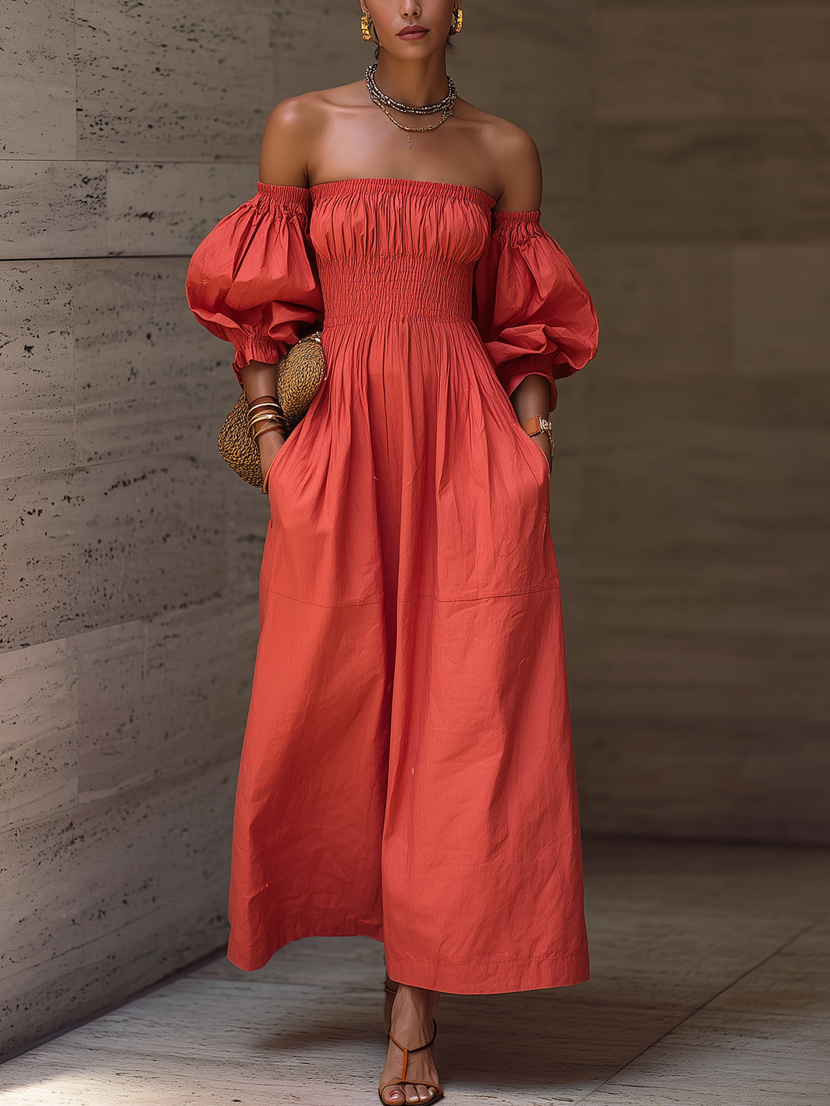 Red Off-Shoulder Puff Sleeve Smocked Maxi Dress