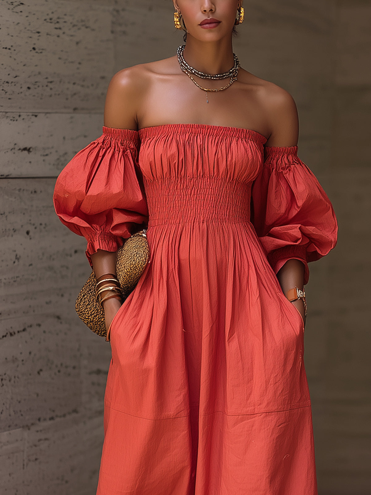 Red Off-Shoulder Puff Sleeve Smocked Maxi Dress