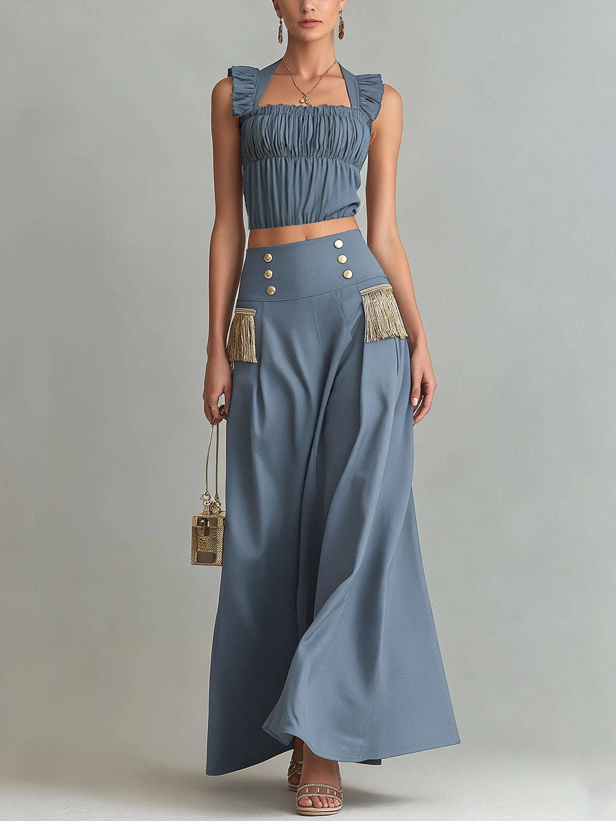 Blue Ruffled Crop Top And High-Waist Midi Skirt Set