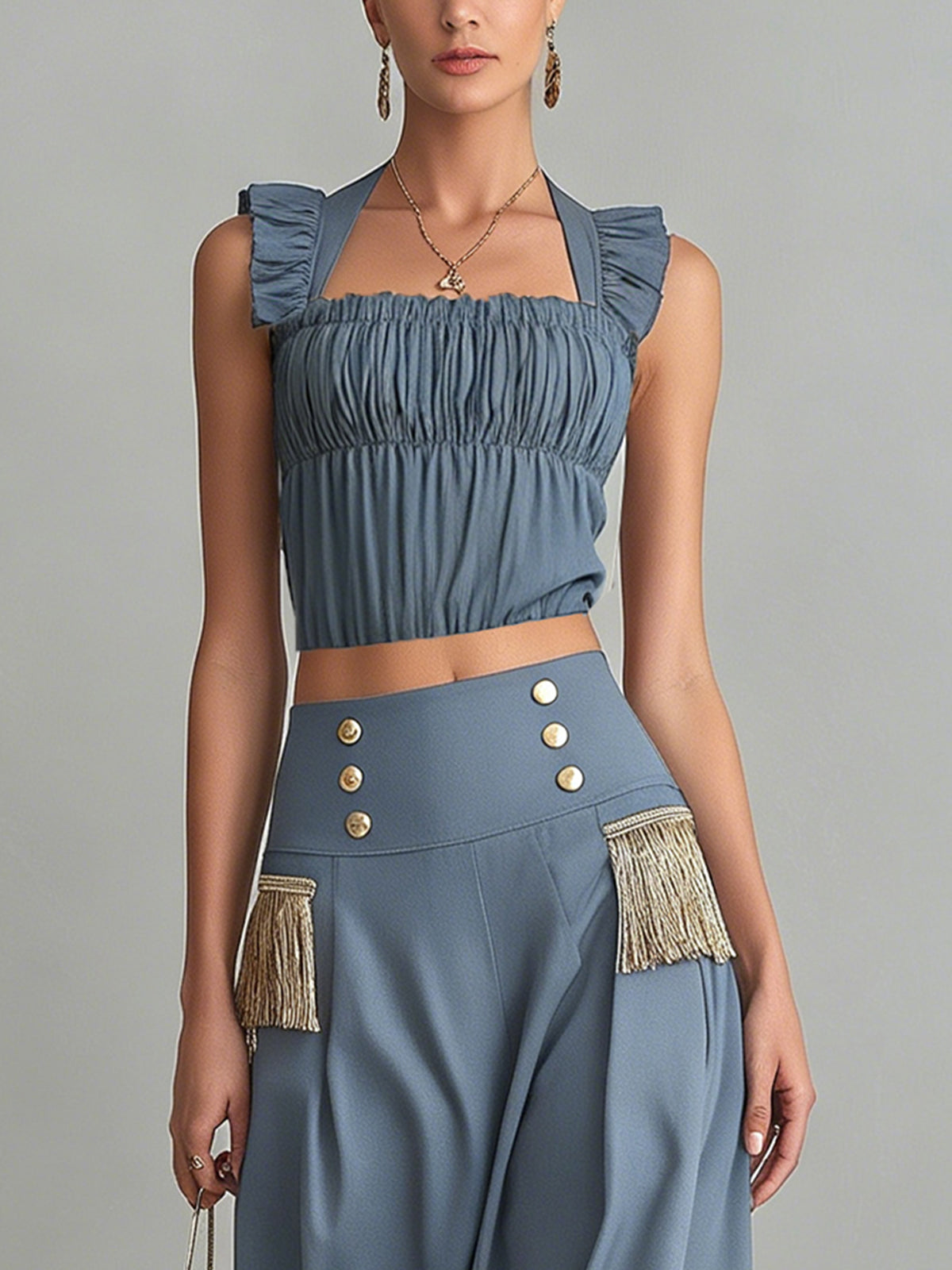 Blue Ruffled Crop Top And High-Waist Midi Skirt Set