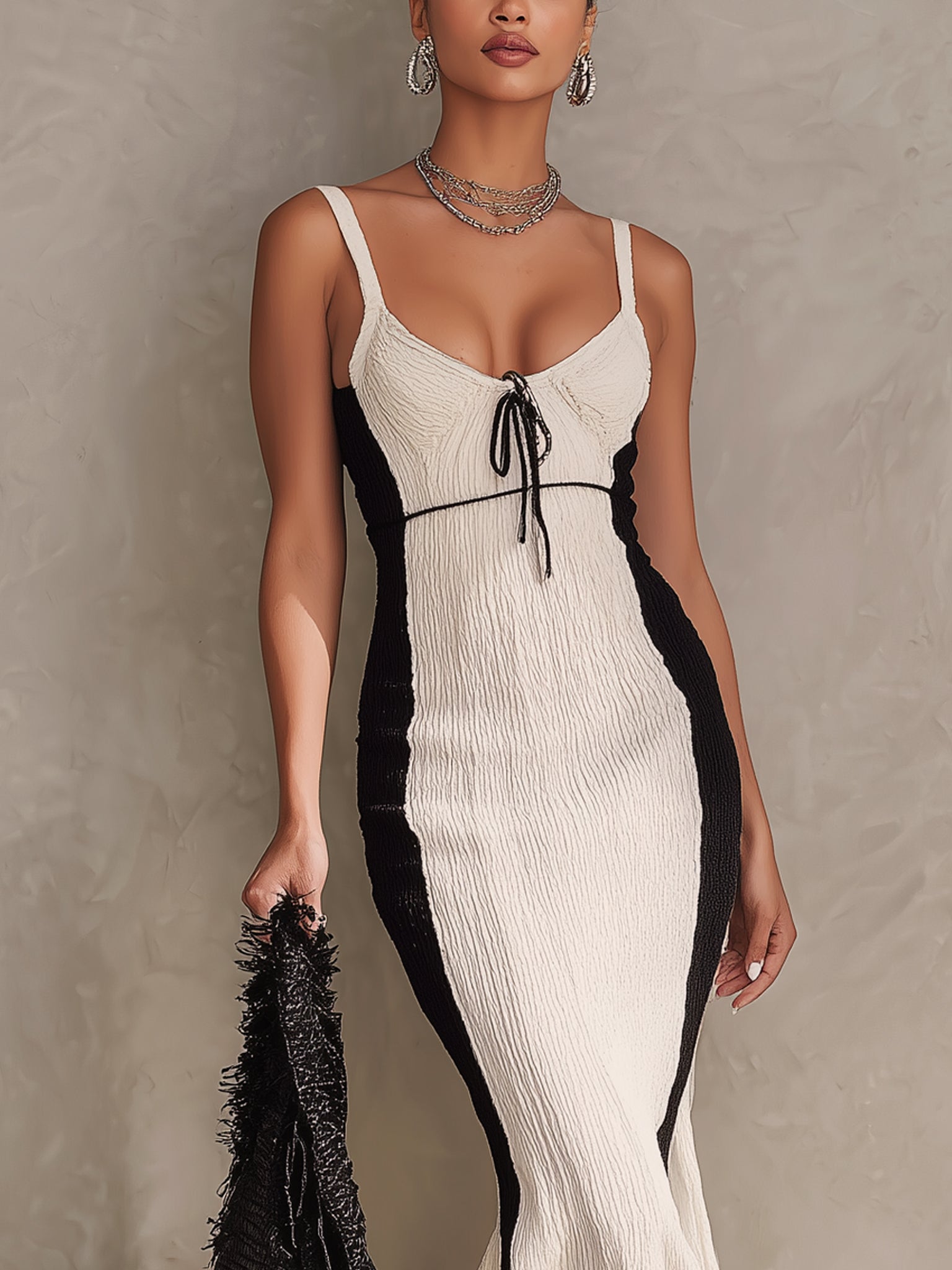 Monochrome Knit Fringe Bodycon Dress