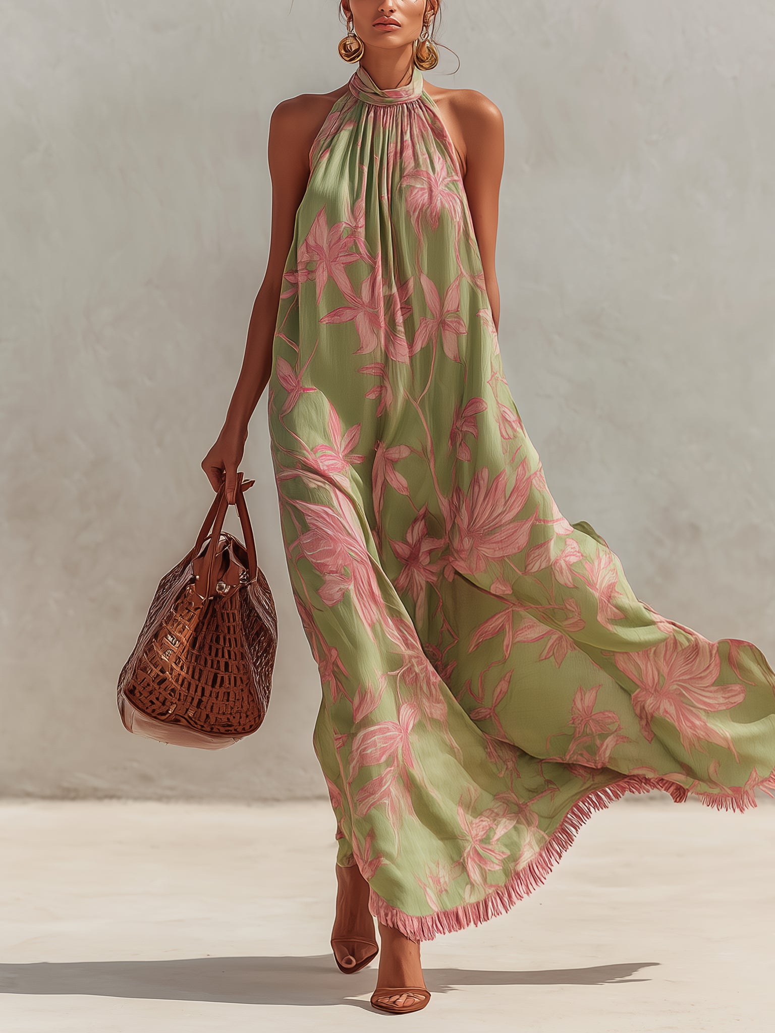 Pink Floral Cotton And Linen Halter Maxi Dress