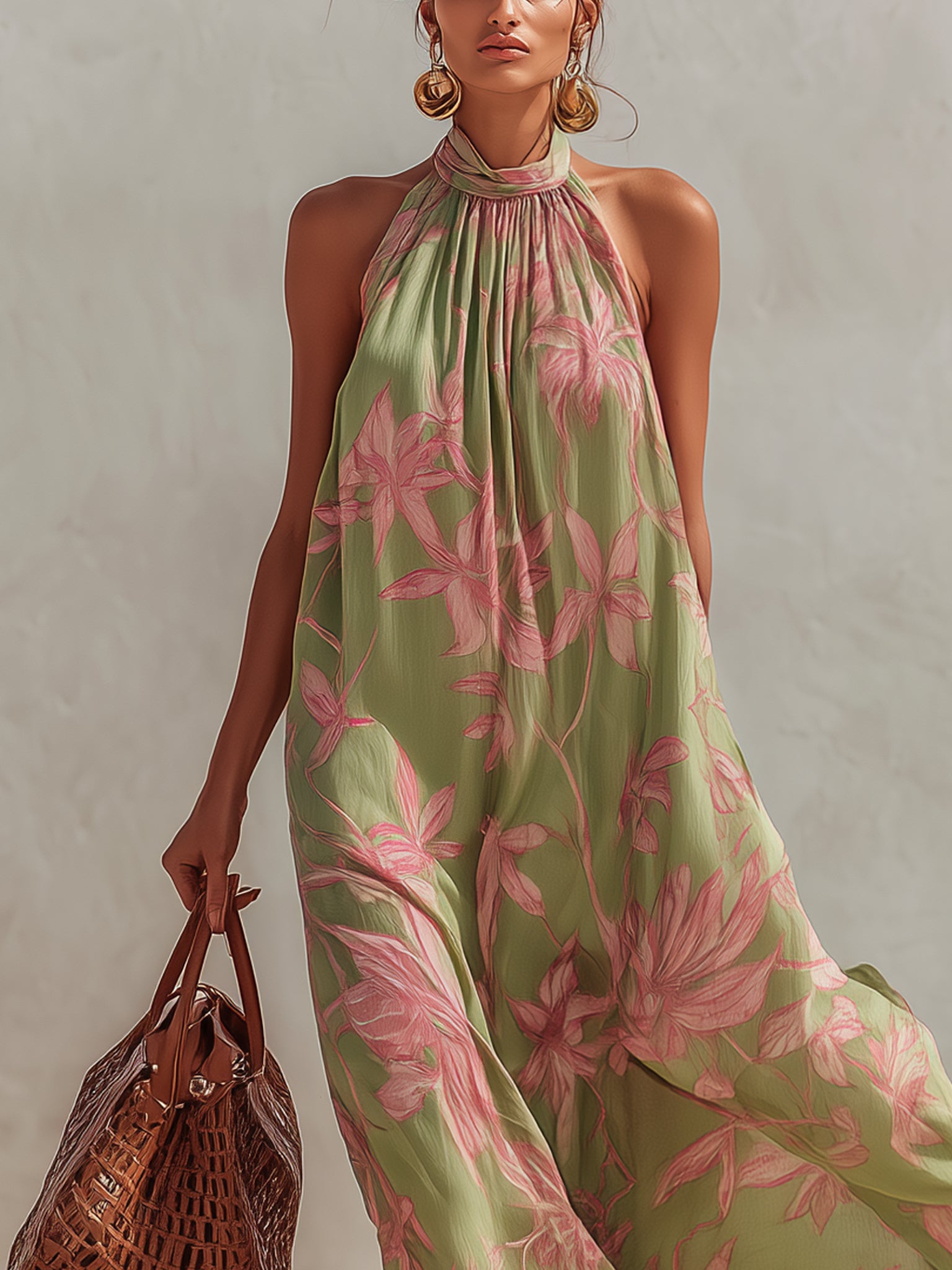 Pink Floral Cotton And Linen Halter Maxi Dress