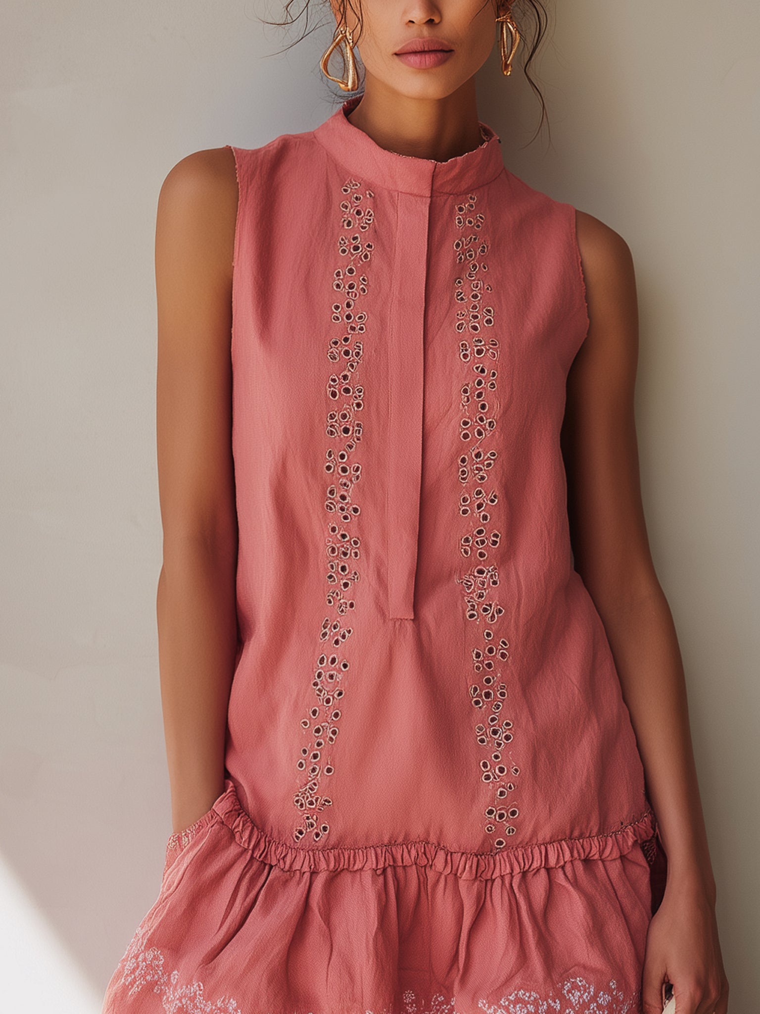 Pink Linen Embroidered Floral Mini Dress