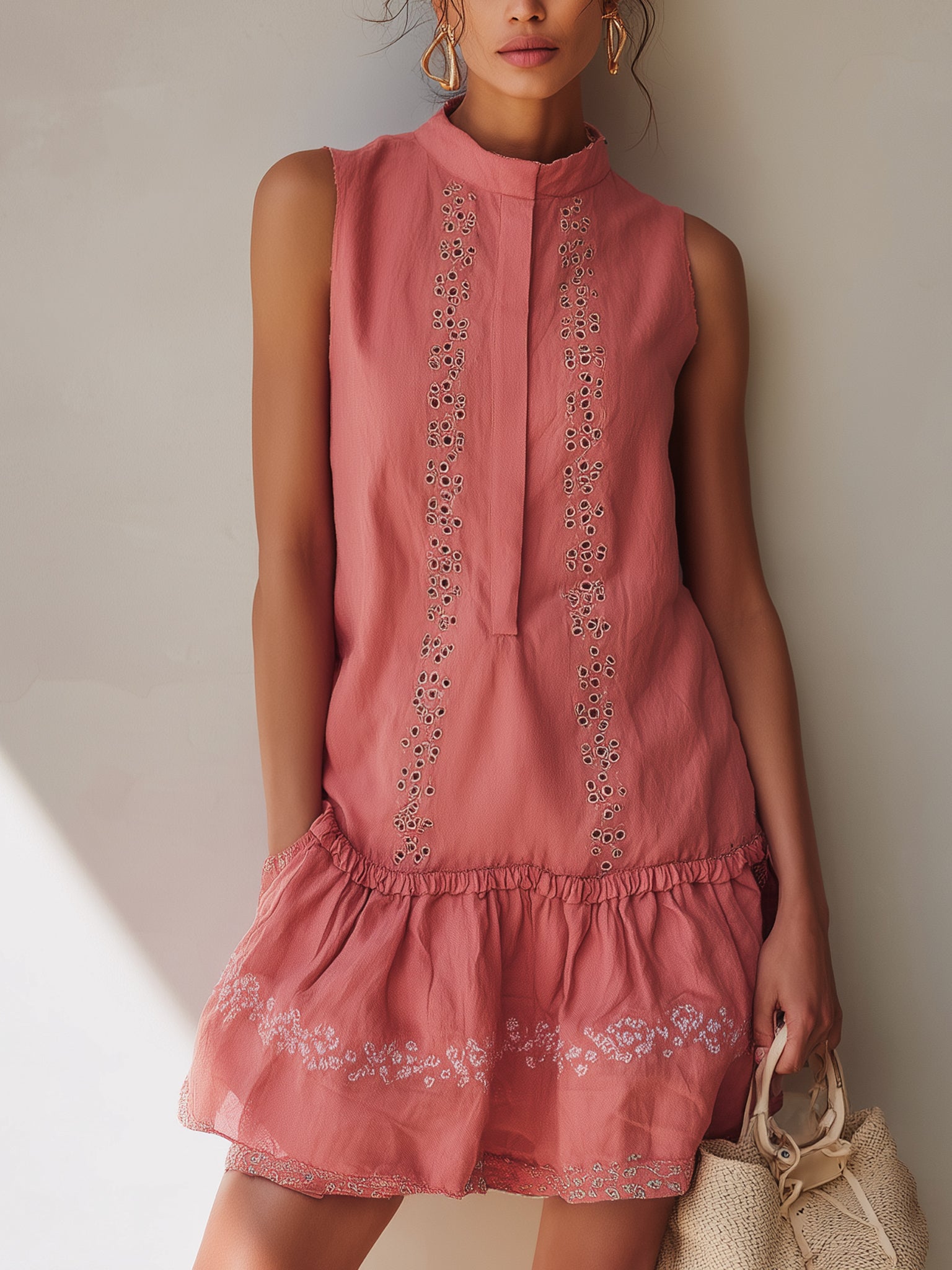 Pink Linen Embroidered Floral Mini Dress