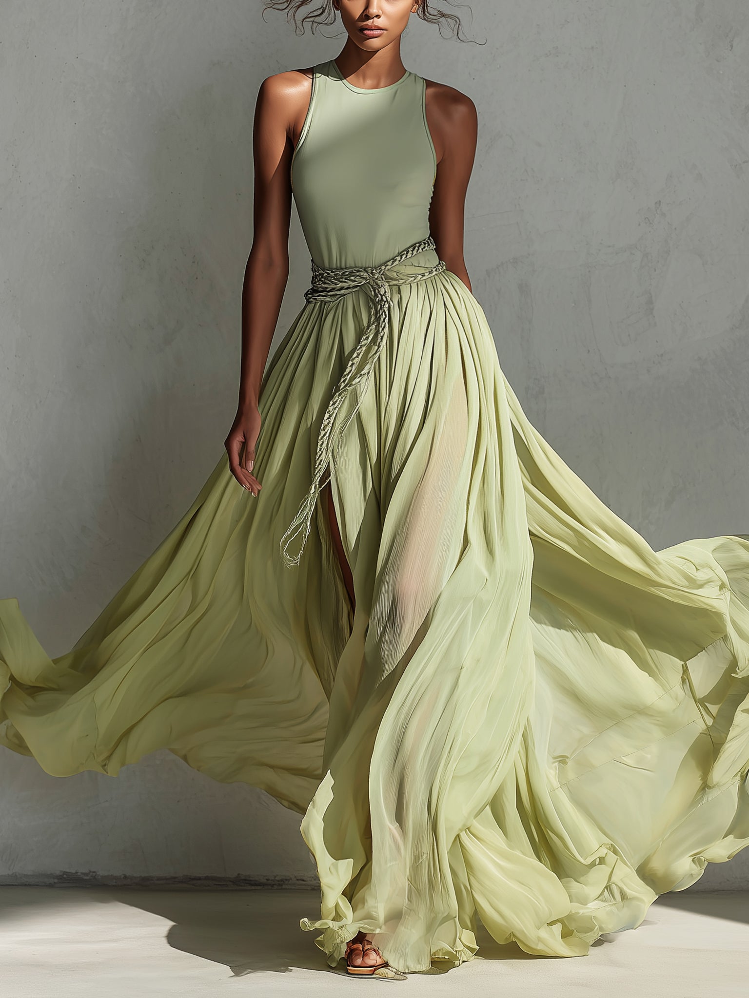 Green Lightweight Chiffon Maxi Dress With Belt
