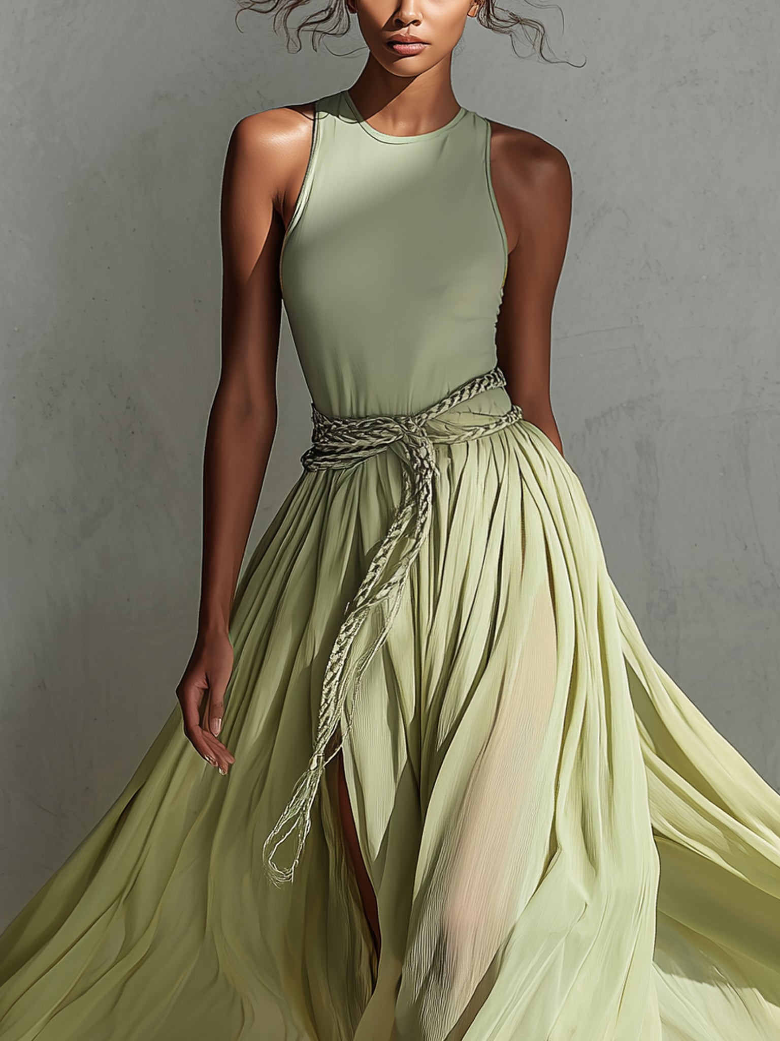 Green Lightweight Chiffon Maxi Dress With Belt