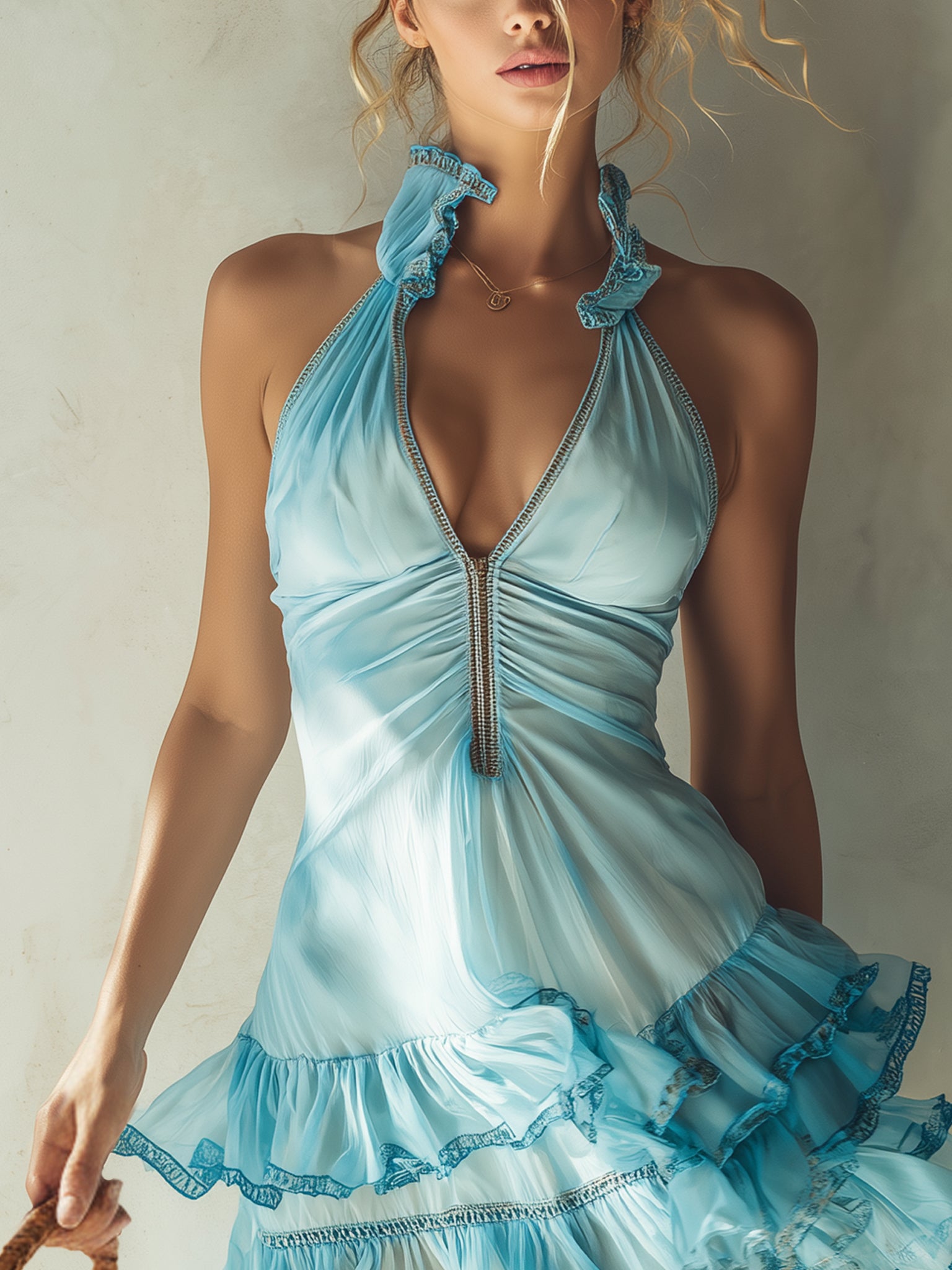 Blue Chiffon Ruffled Halter Mini Dress
