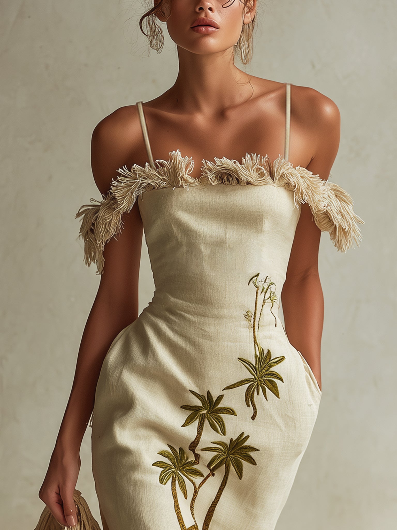 Beige Linen Embroidered Tassel Mini Dress