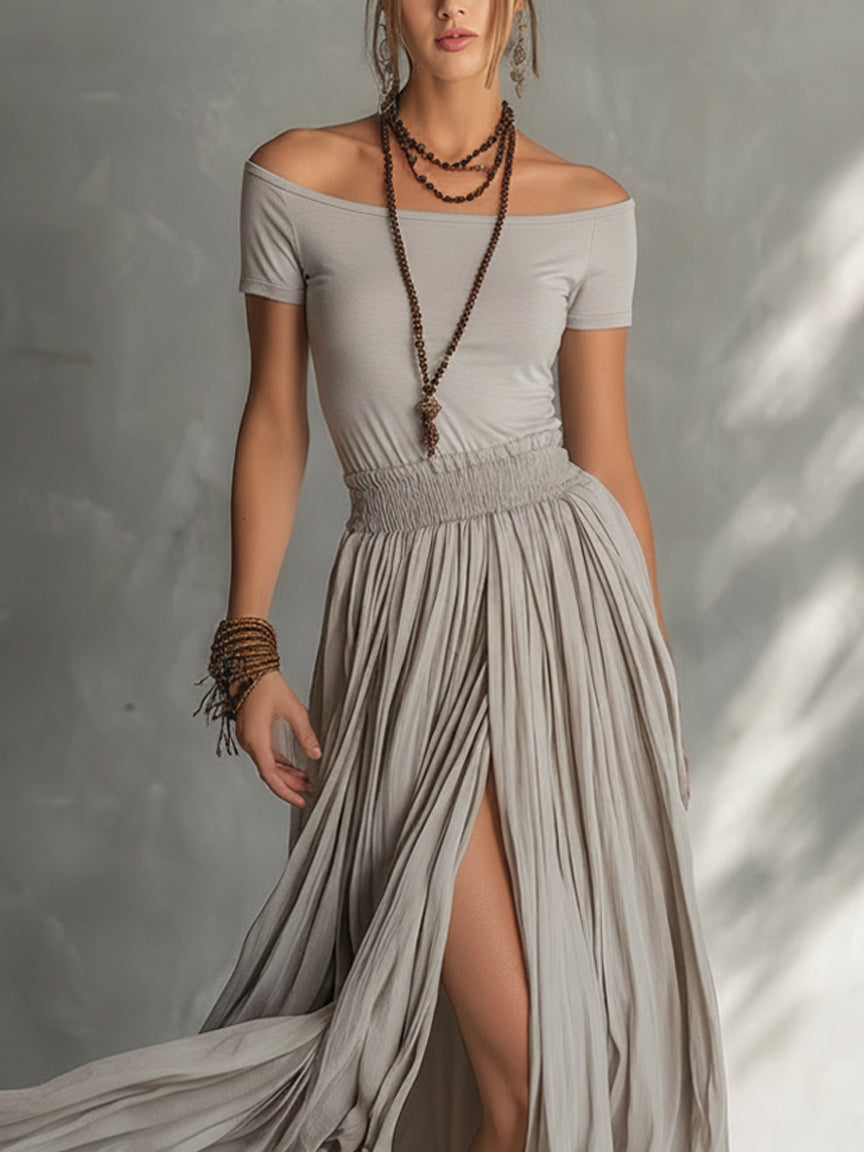 Gray Stretch Off Shoulder Maxi Dress With Slit