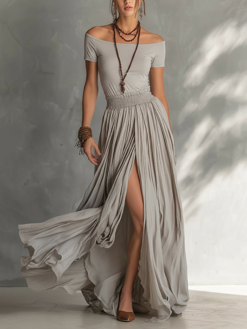 Gray Stretch Off Shoulder Maxi Dress With Slit