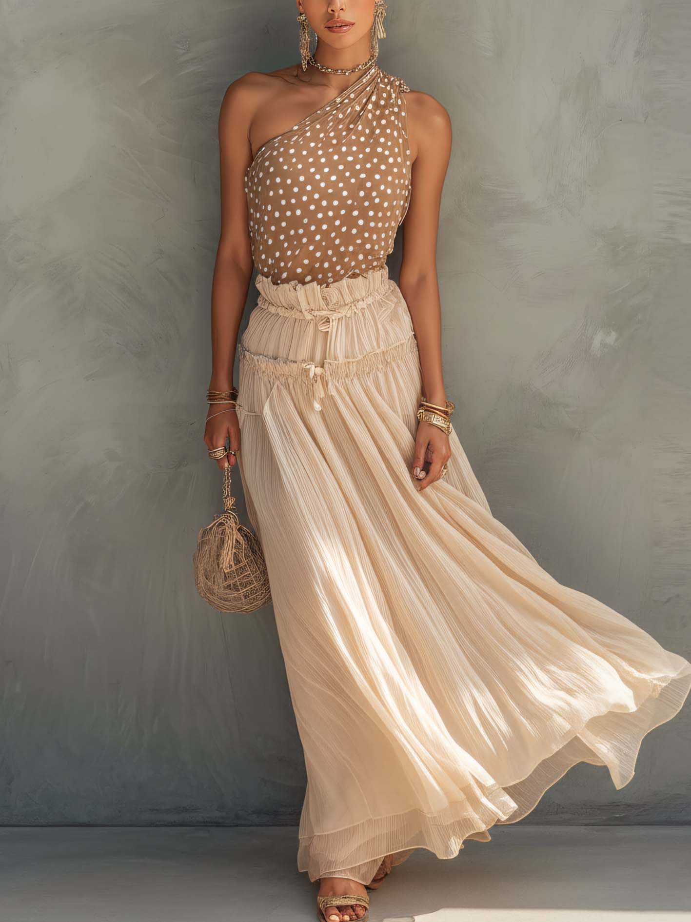 Beige Polka Dot One-Shoulder Sleeveless Top And Pleated Midi Skirt Set