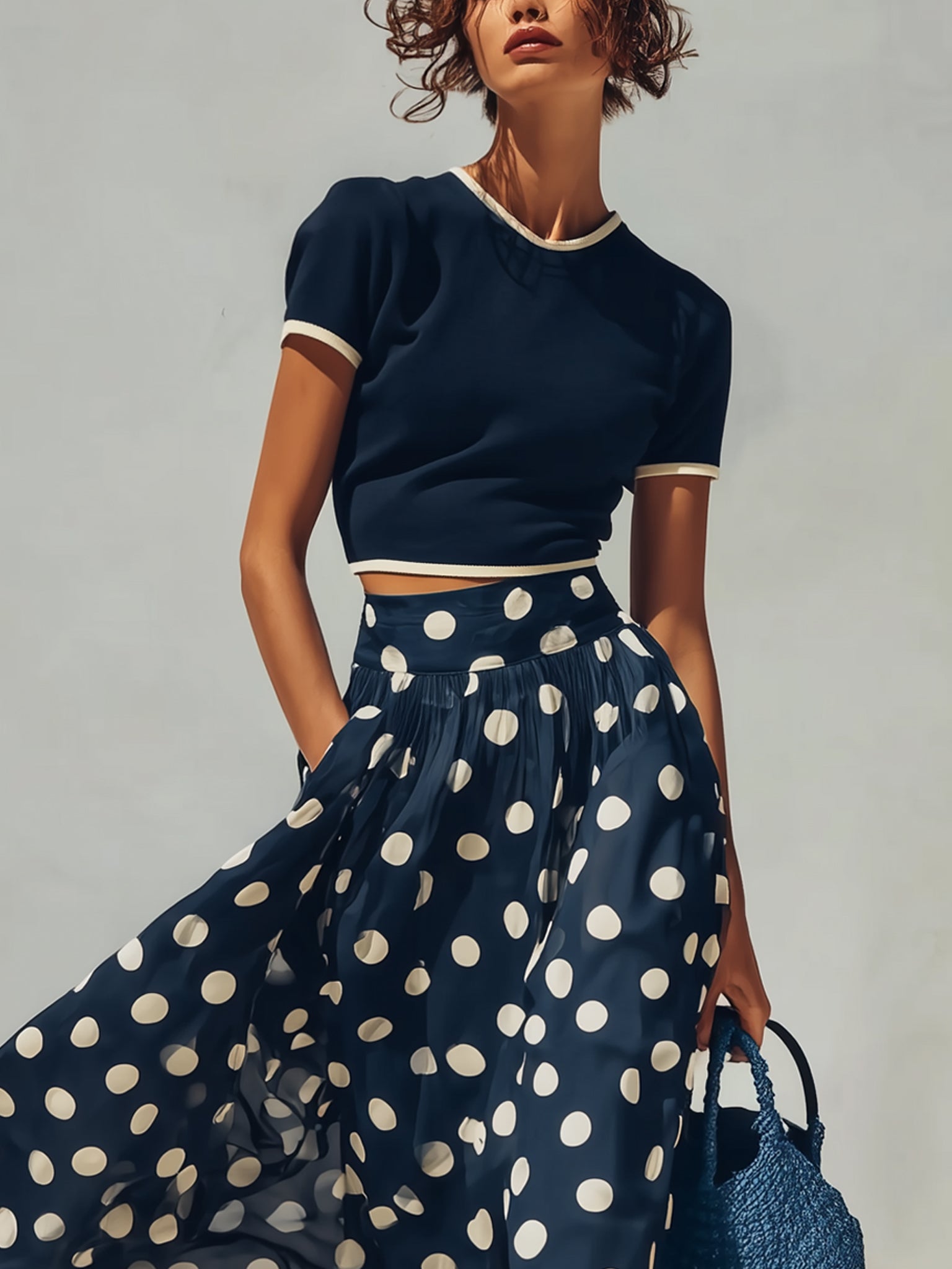 Navy Knit Top And Polka Dot Chiffon Skirt Set