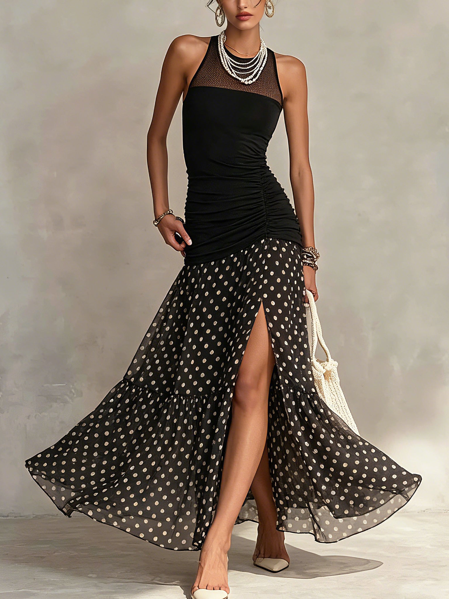 Black Sheer Polka Dot Chiffon Sleeveless Maxi Dress