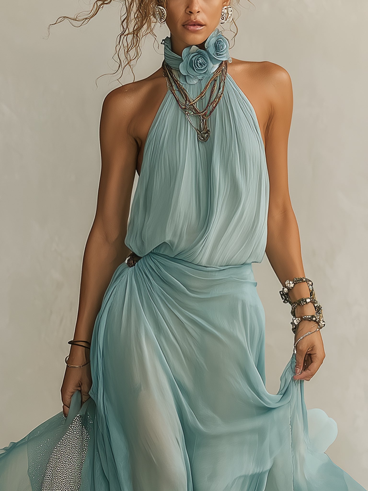 Blue Chiffon Sleeveless Maxi Dress With 3D Floral Accents