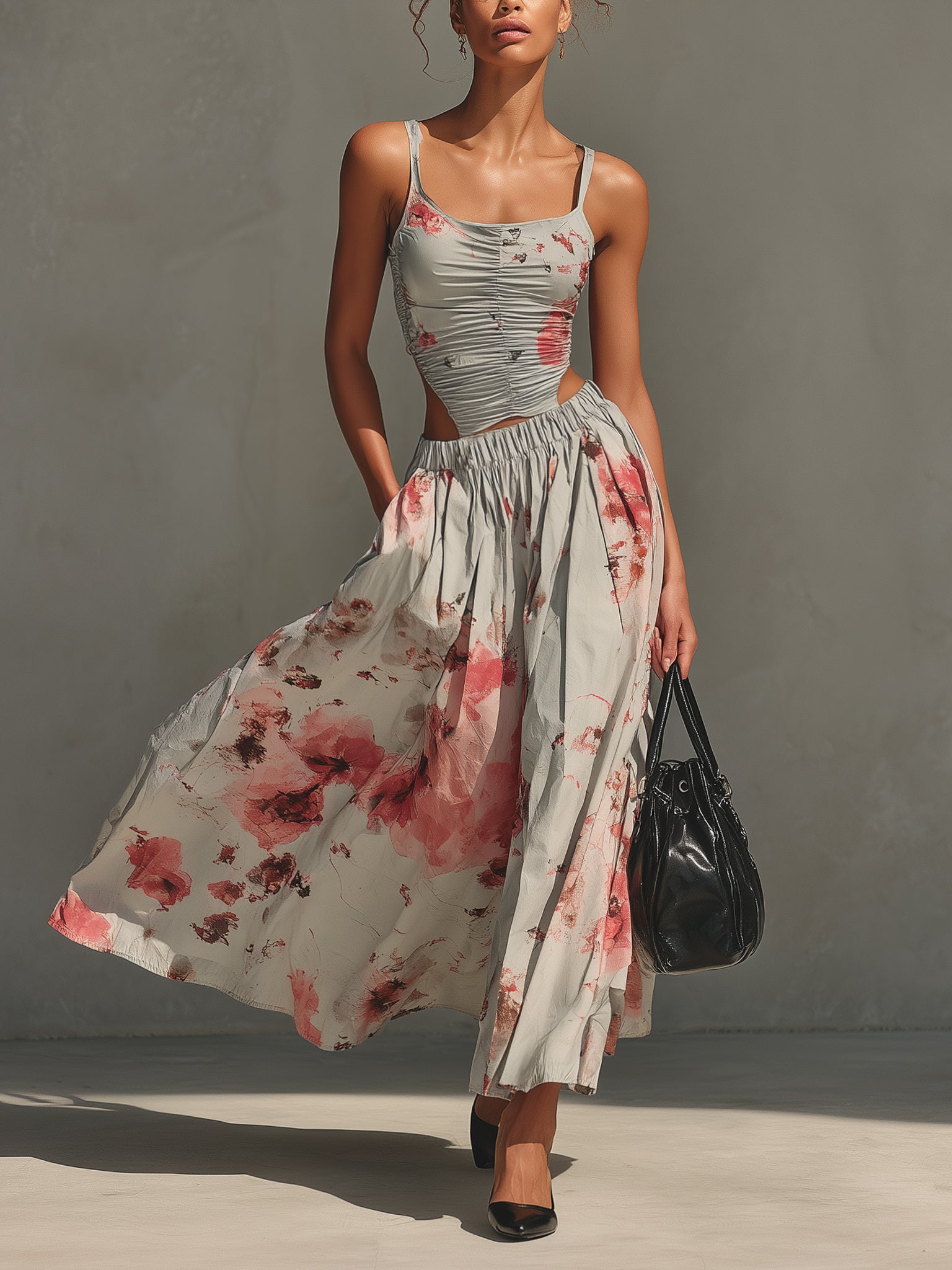 Gray Floral Cutout Cotton Maxi Dress