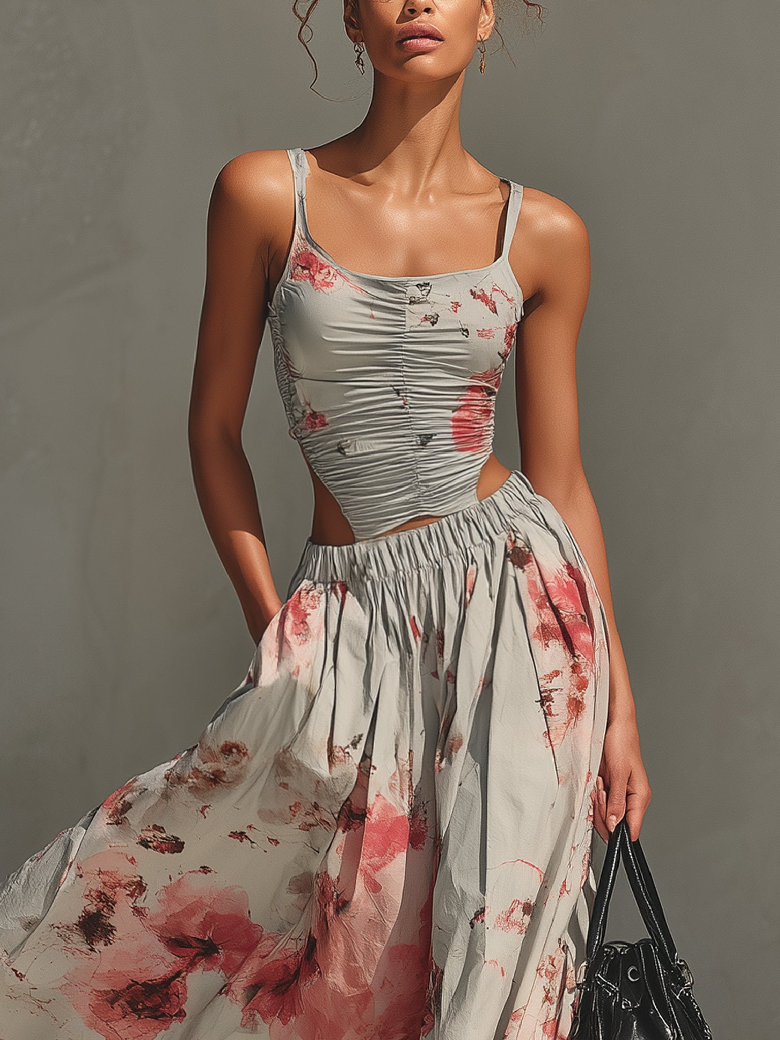 Gray Floral Cutout Cotton Maxi Dress