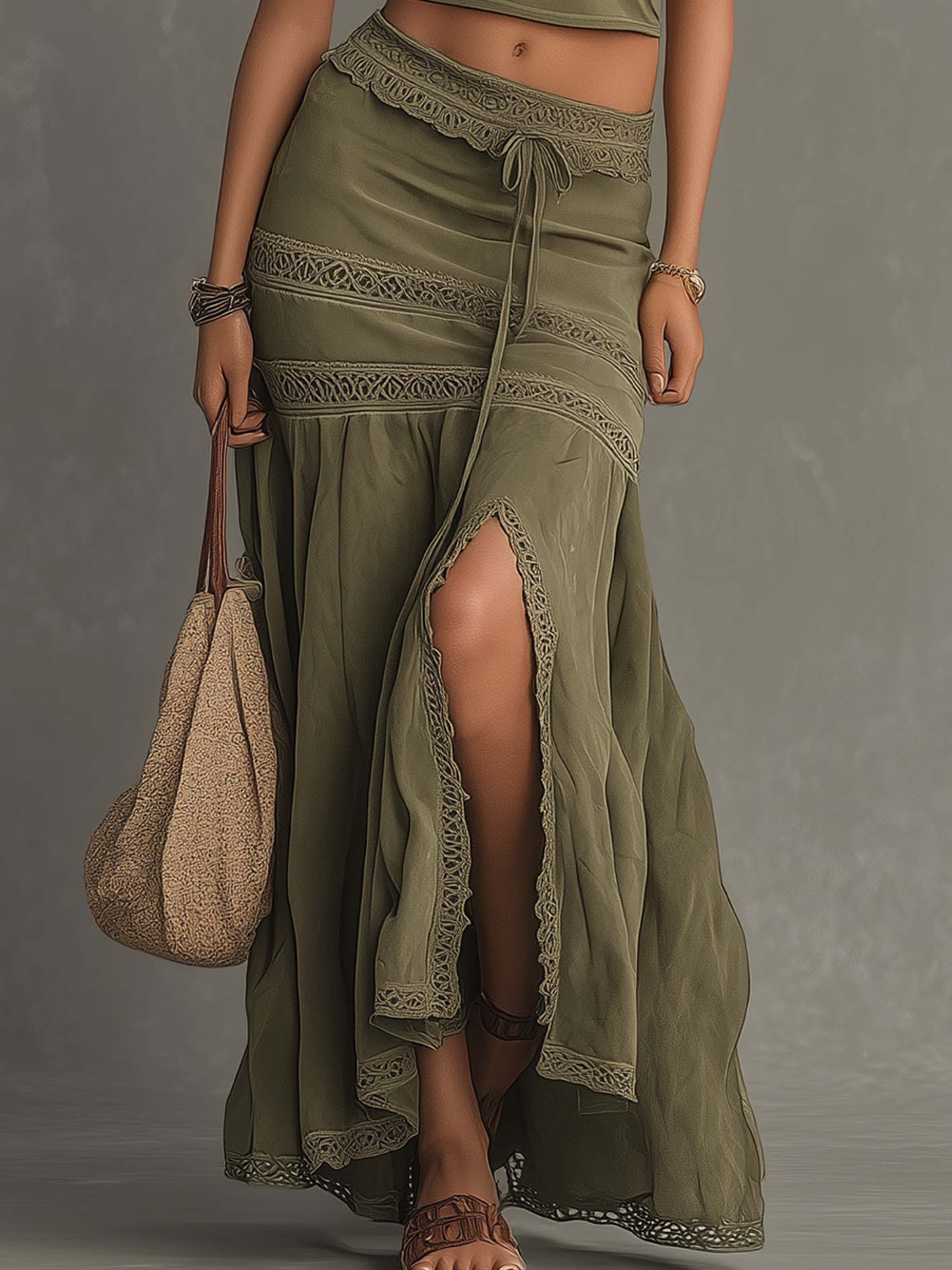 Olive Green Lace Trim Two-Piece Set