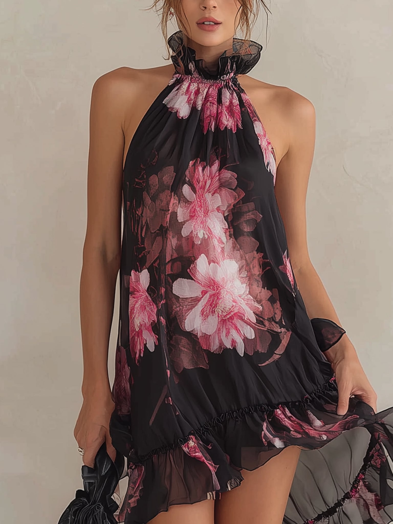 Black Chiffon Floral Sleeveless Mini Dress