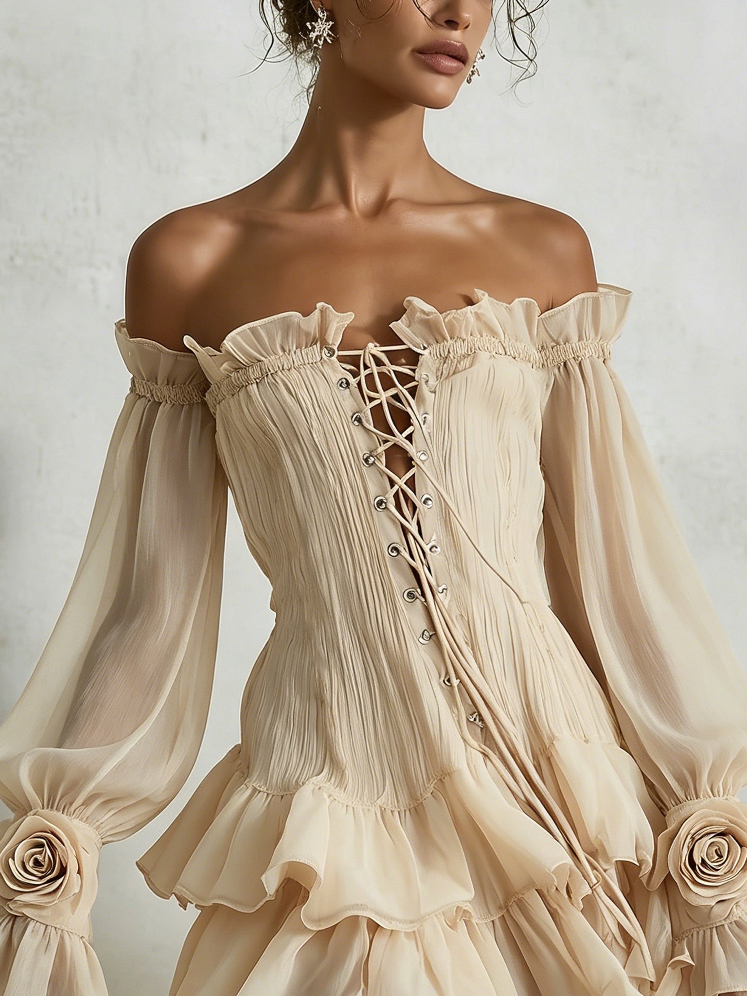 Romantic Cream Off Shoulder Chiffon Mini Dress