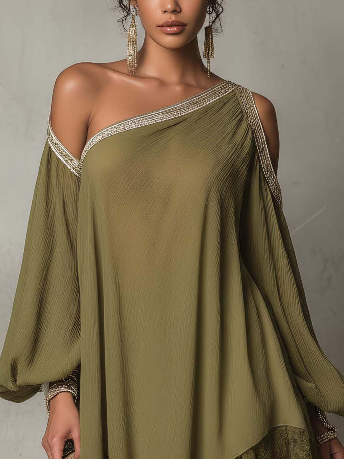 Olive Green One Shoulder Chiffon Mini Dress With Lace Hem And Trim