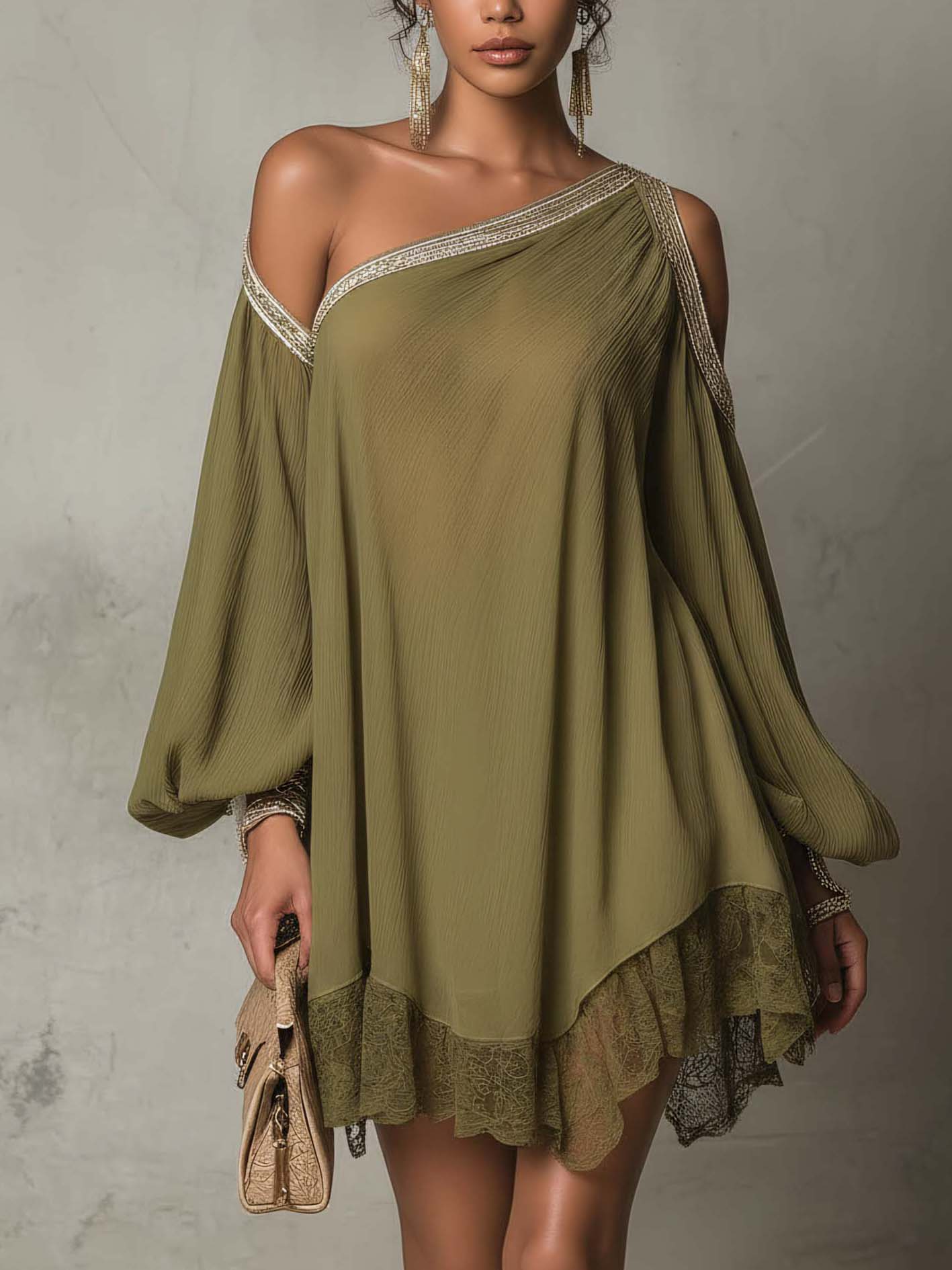 Olive Green One Shoulder Chiffon Mini Dress With Lace Hem And Trim