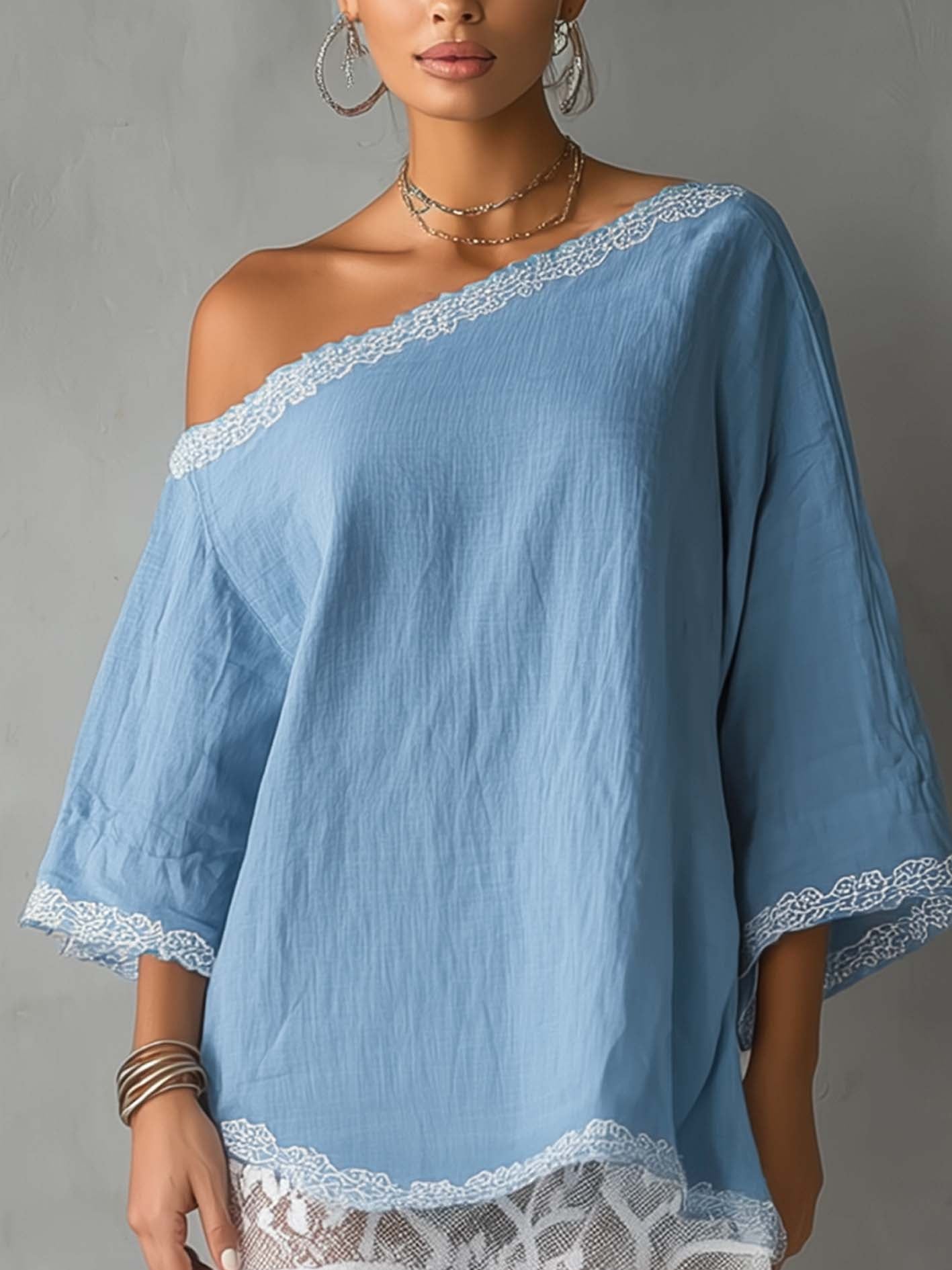One Shoulder Light Blue Cotton Linen Mini Dress With White Lace