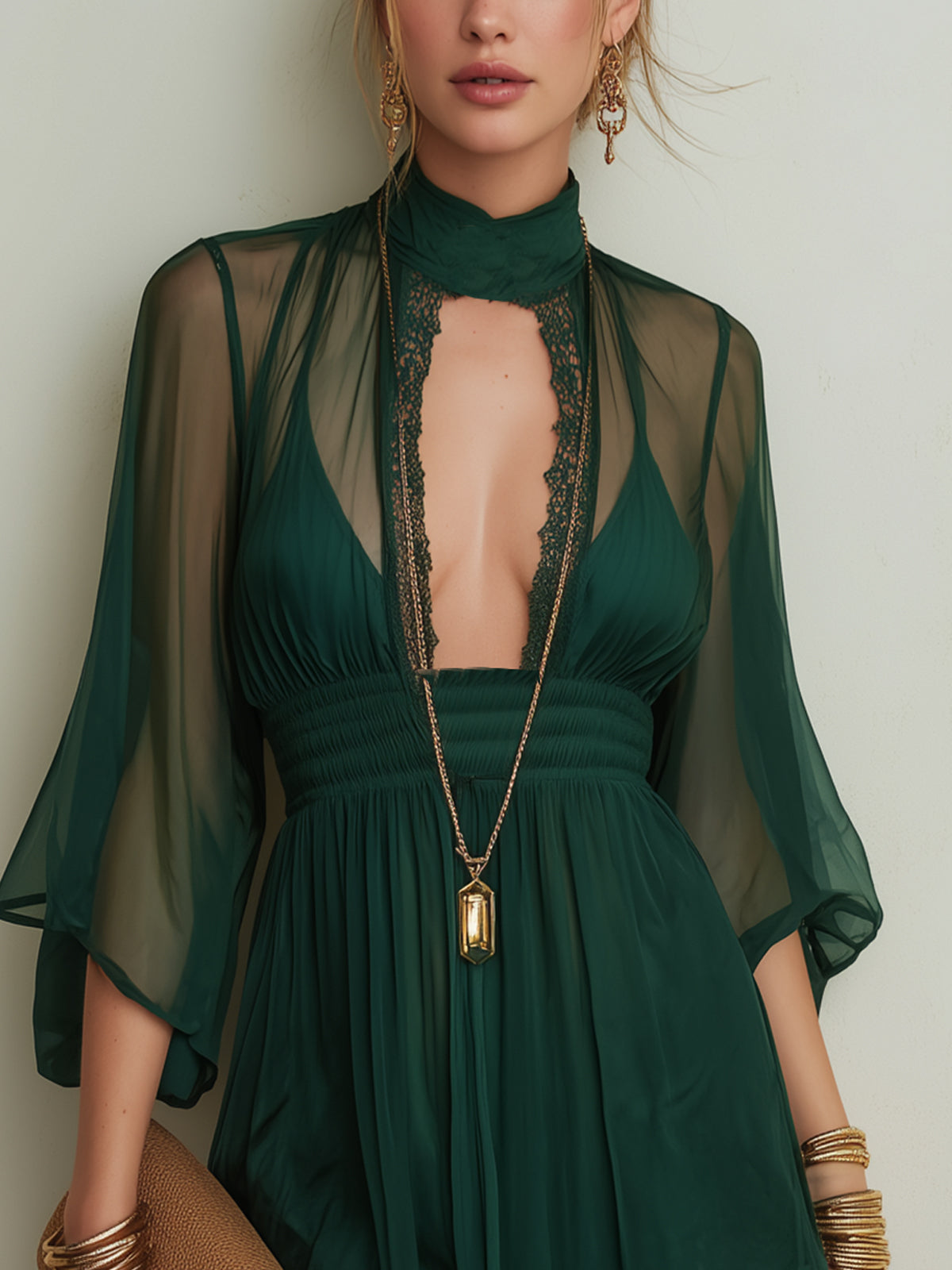 Green Sheer Chiffon Lace-Trim Mini Dress With High Neck