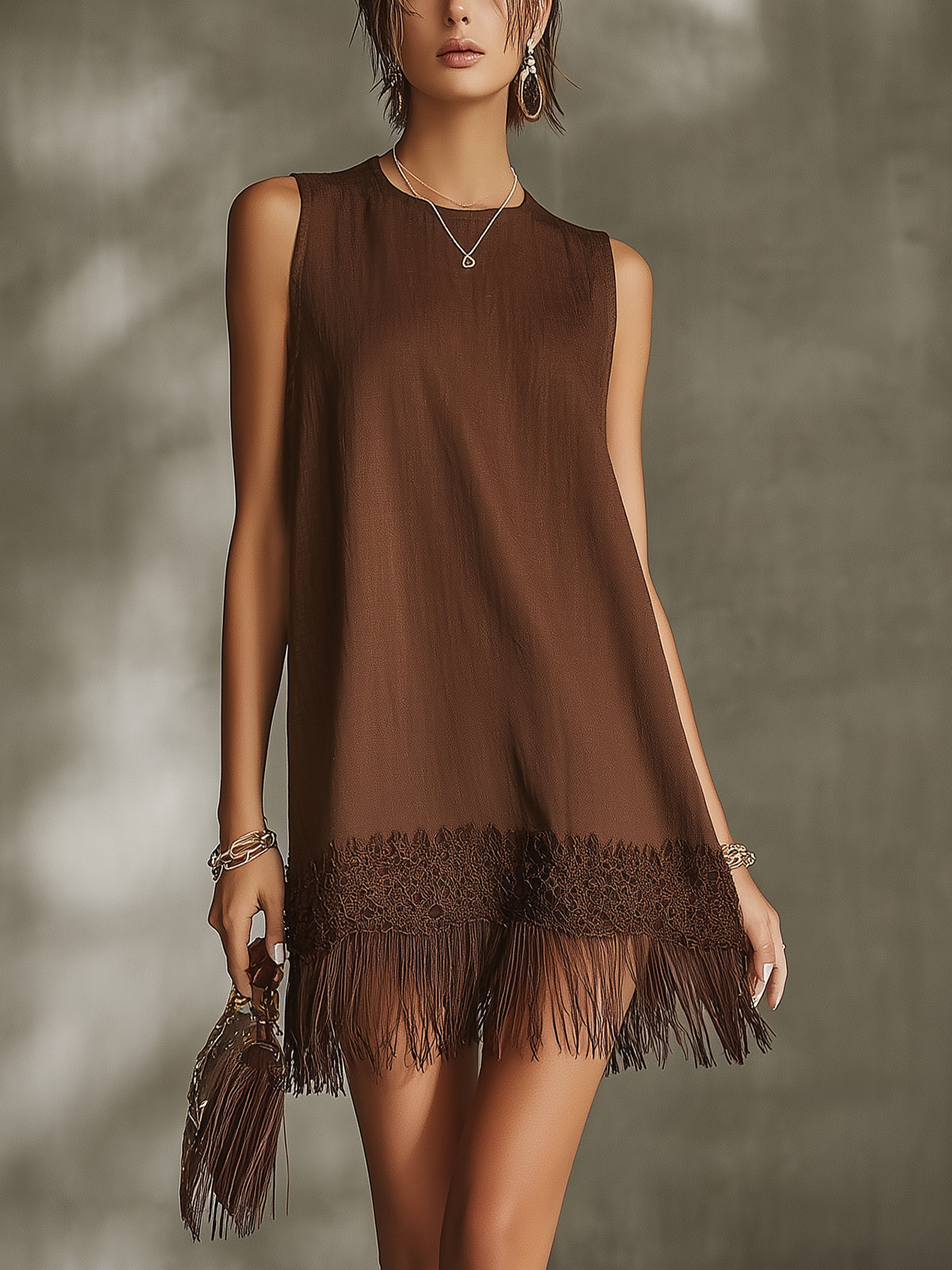 Brown Fringe Hem Sleeveless Mini Dress With Lace Detailing