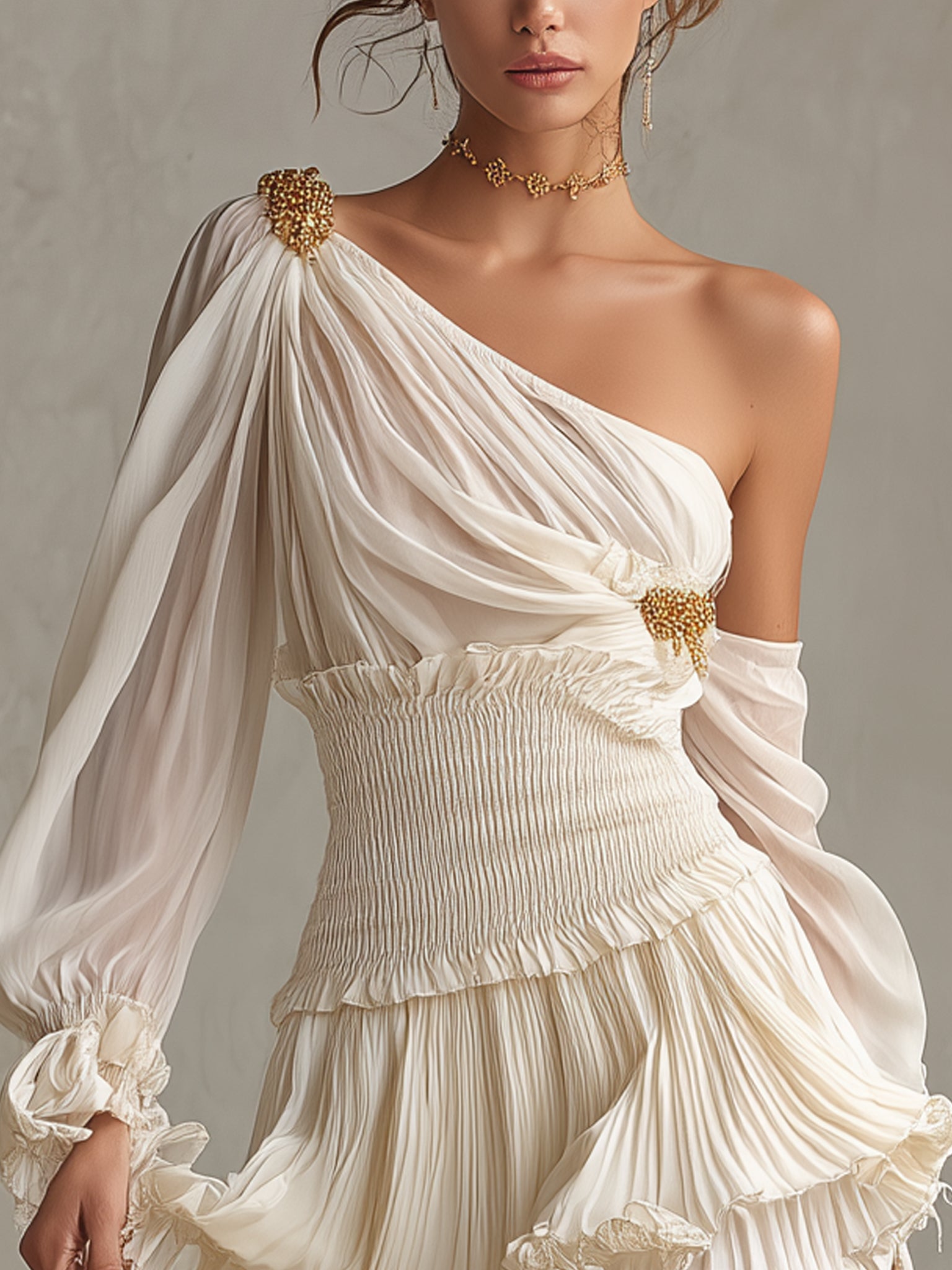 White Ruched Asymmetrical Mini Dress With Gold Accents
