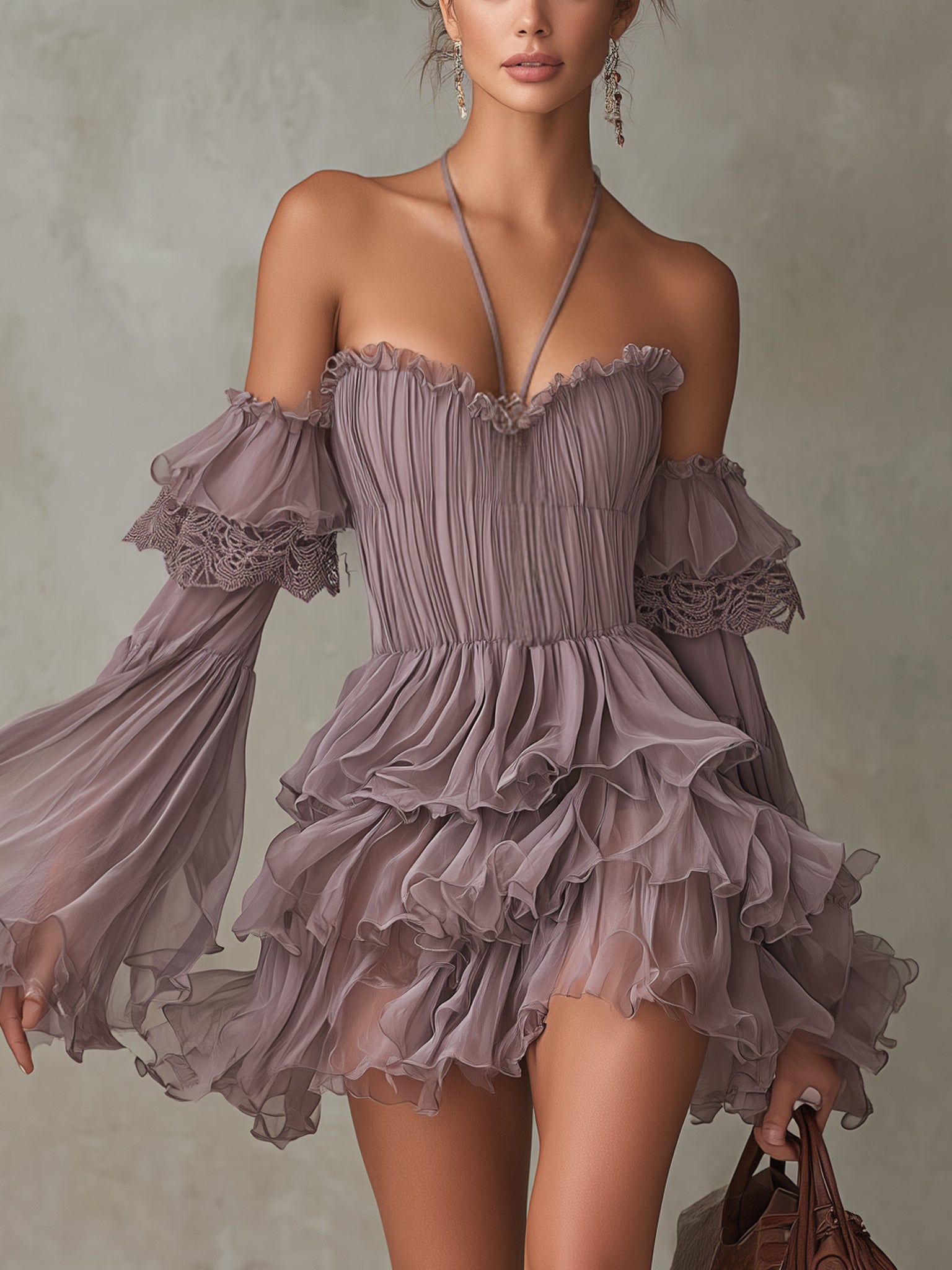 Purple Halter Neck Off Shoulder Chiffon Mini Dress