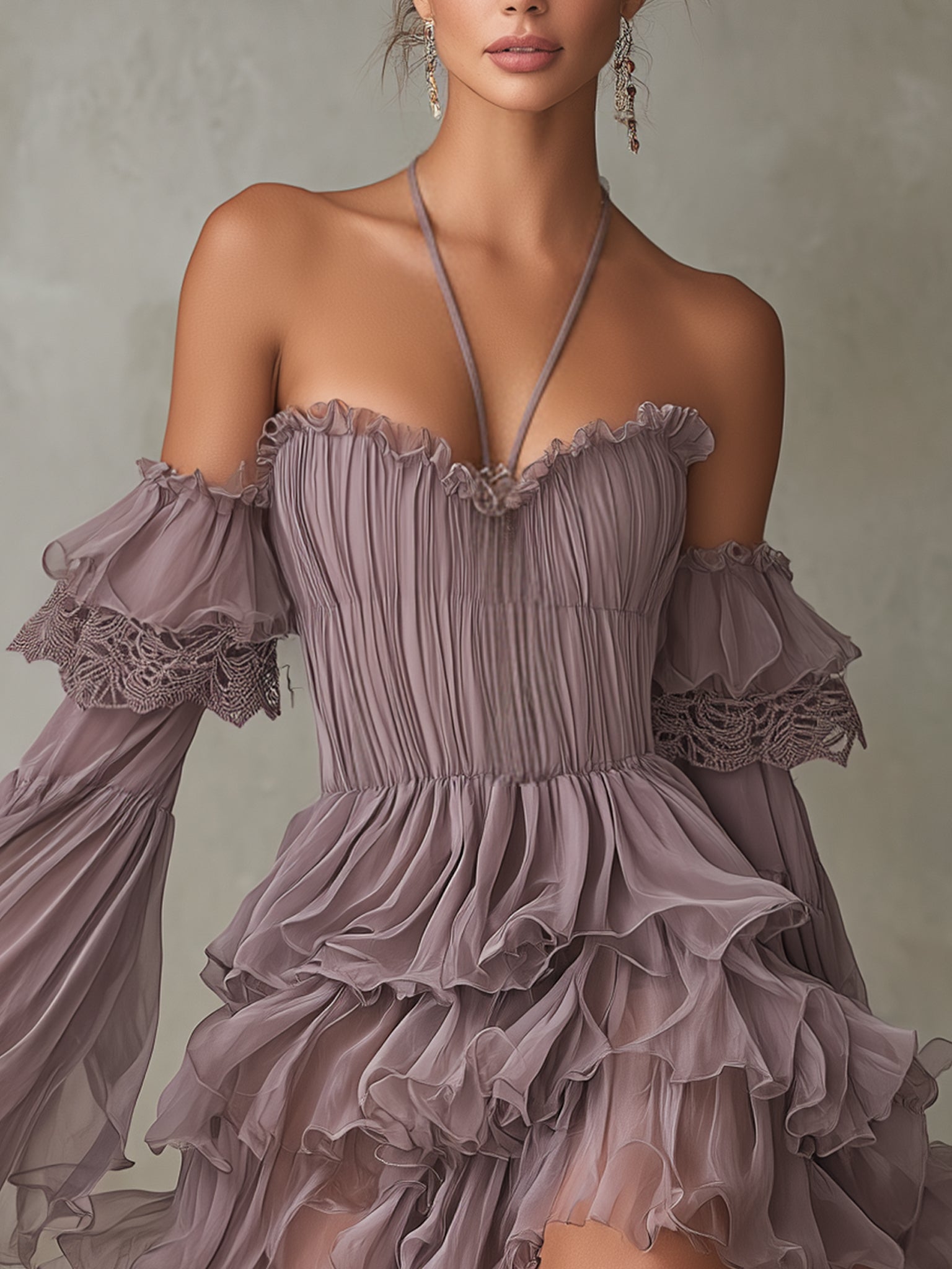 Purple Halter Neck Off Shoulder Chiffon Mini Dress