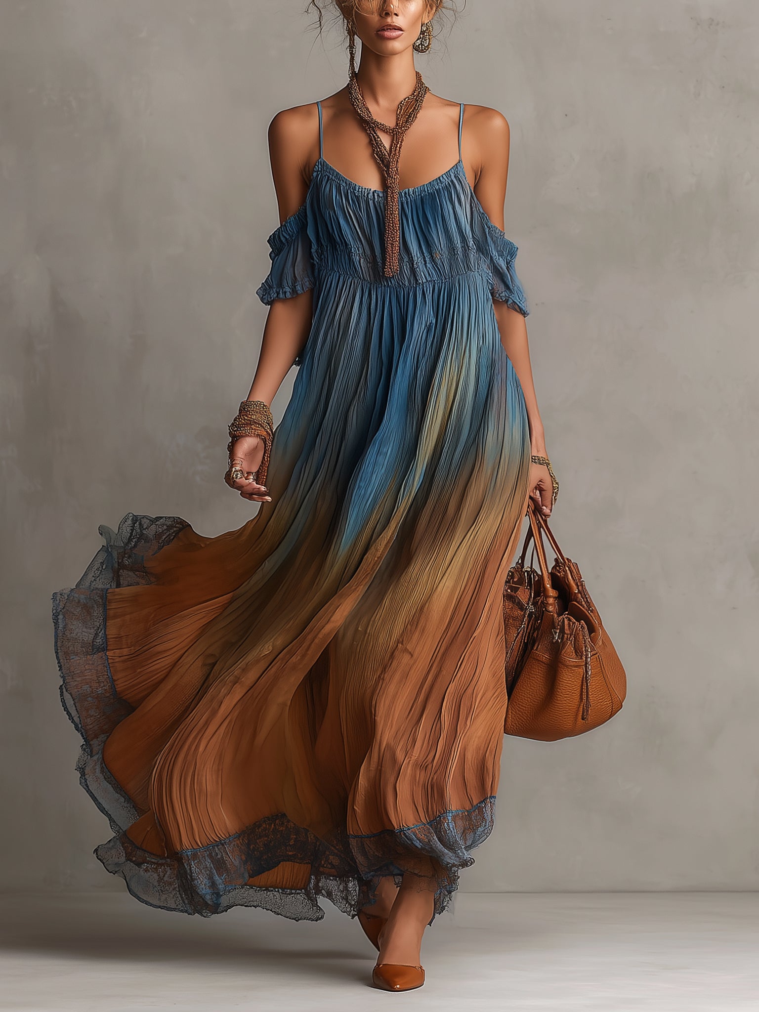 Blue Gradient Chiffon Maxi Dress With Lace Trim