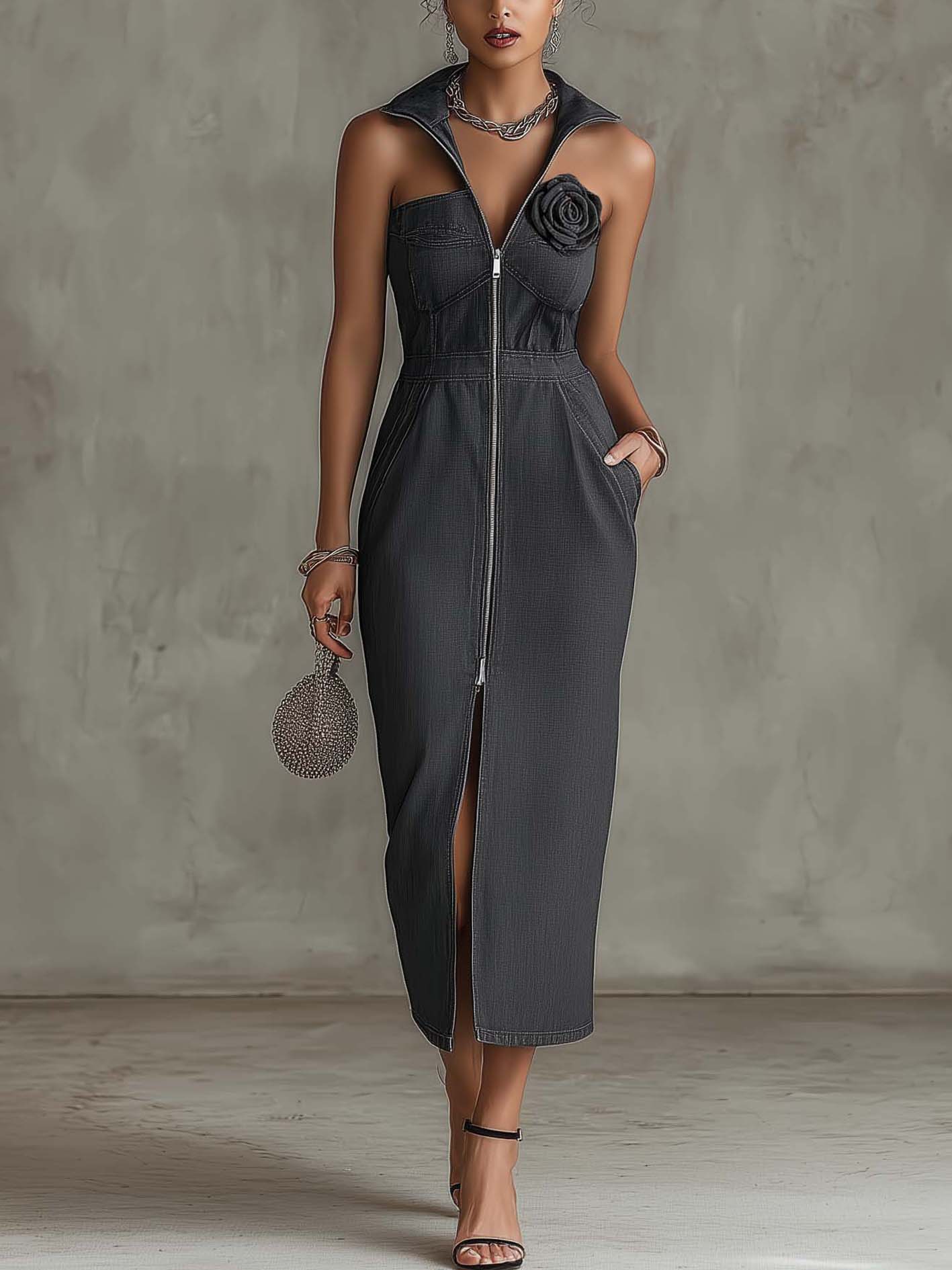 Dark Gray Denim Zip-Up Maxi Dress With Collared Neck And 3D Floral