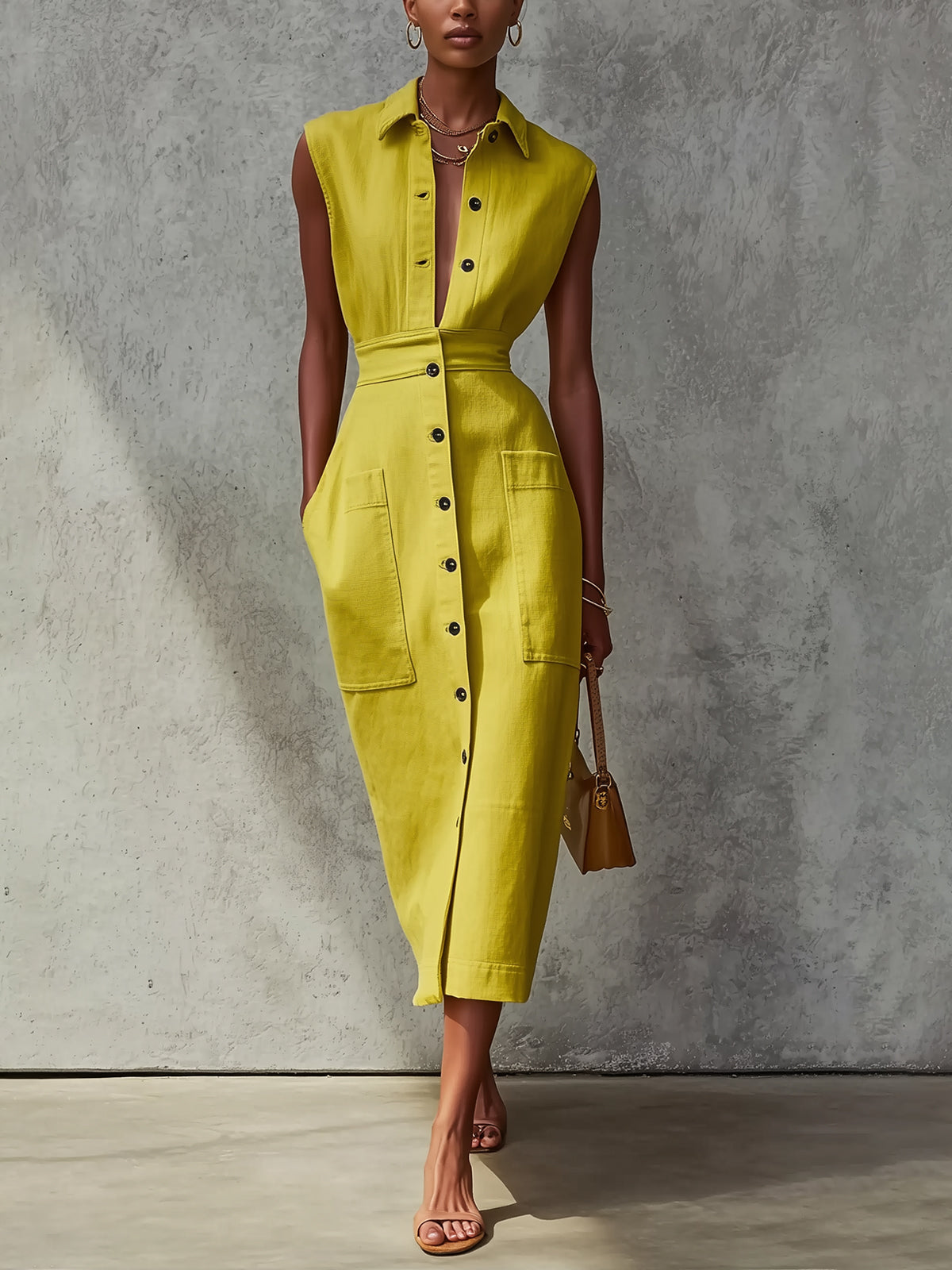 Green Button-Front Sleeveless Collared Midi Dress