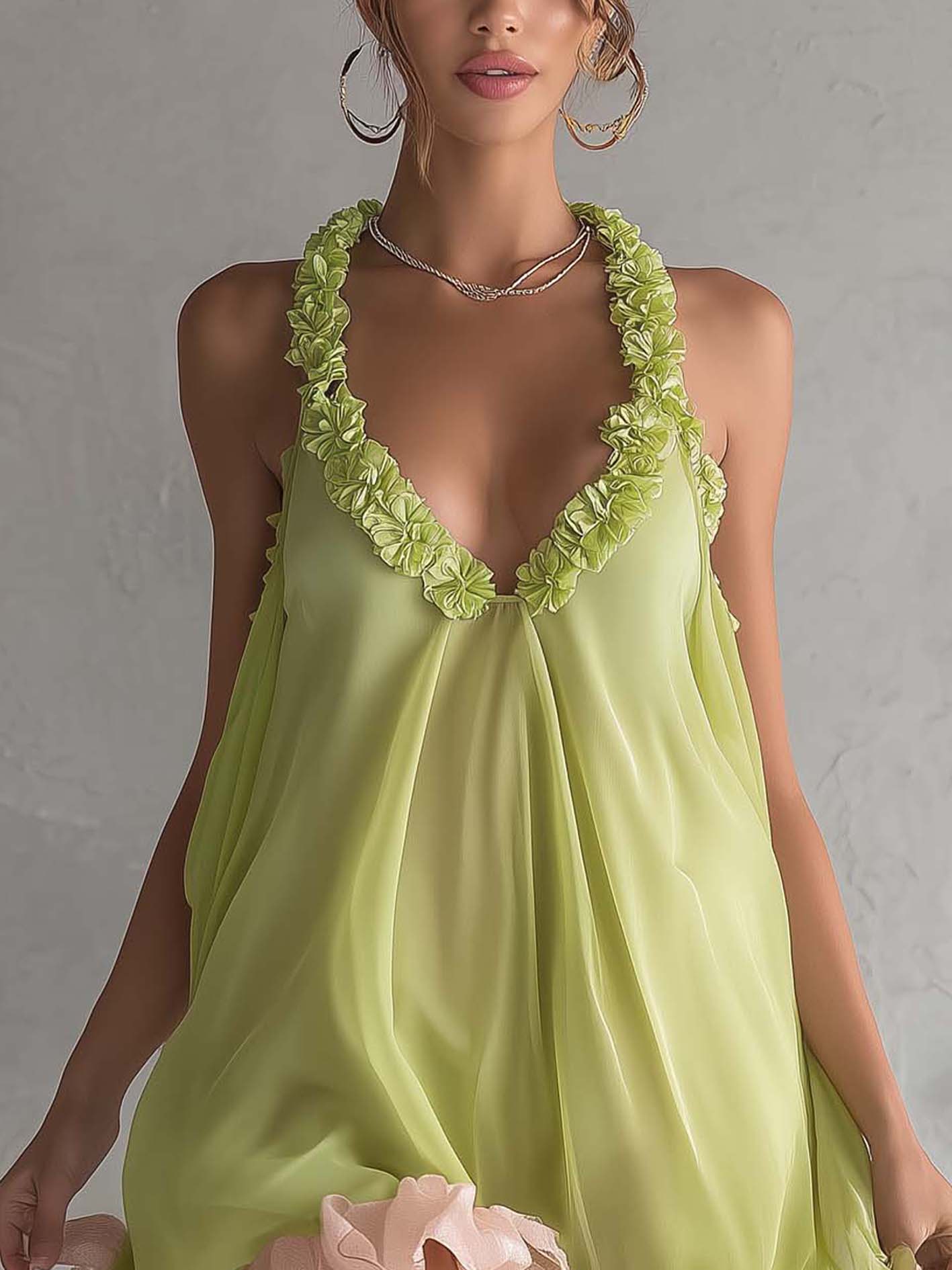 Light Green Floral Ruffle Trim Chiffon Mini Dress With Pink Hem