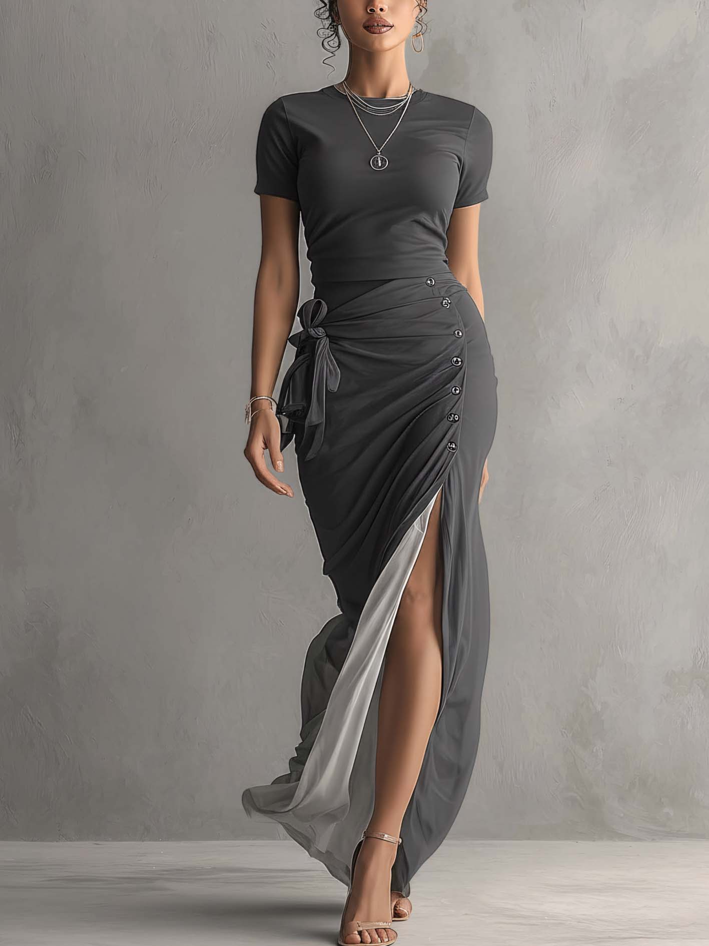 Gray Ruched Split Chiffon Patchwork Bodycon Dress With Side Bow Detail
