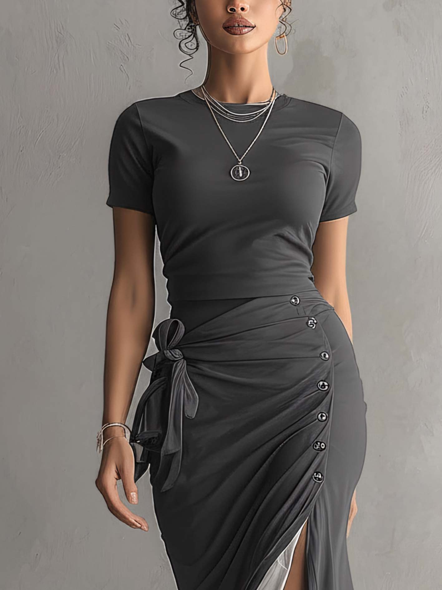 Gray Ruched Split Chiffon Patchwork Bodycon Dress With Side Bow Detail