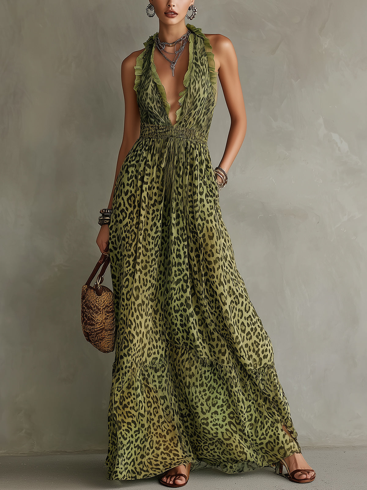 Green Leopard Print Ruffled Maxi Dress