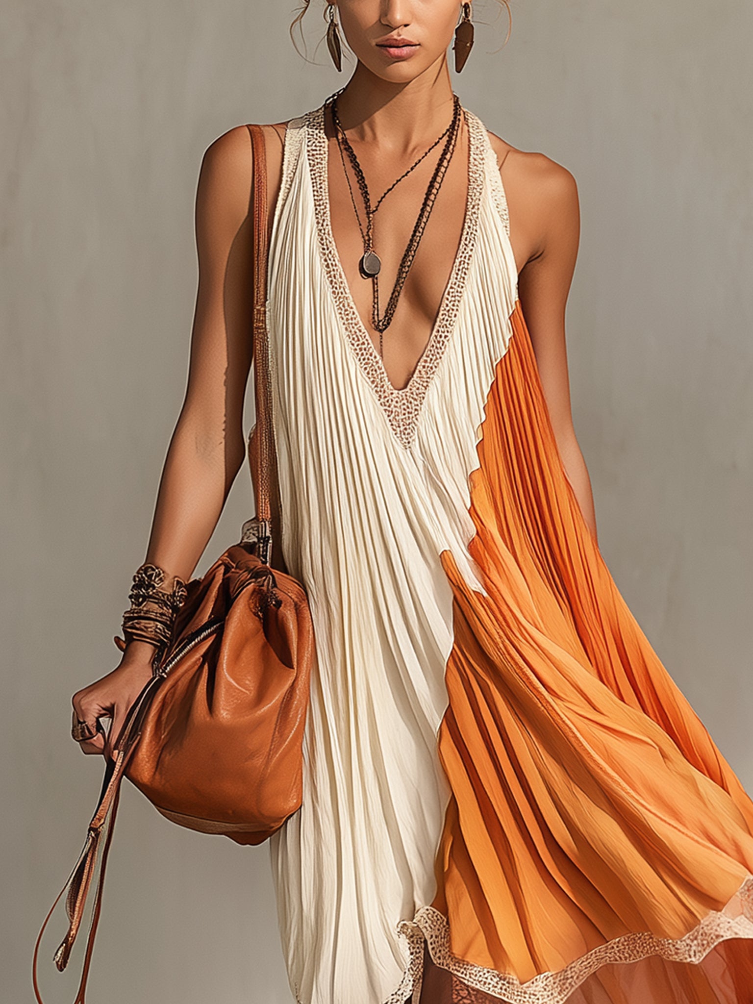 Terracotta Chiffon Pleated Midi Dress