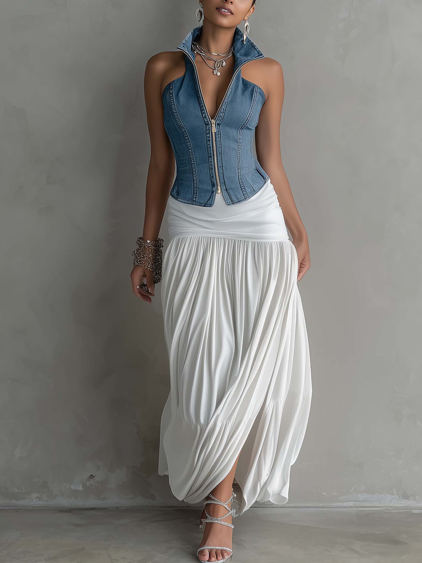 Denim Corset Top And White Maxi Skirt Set