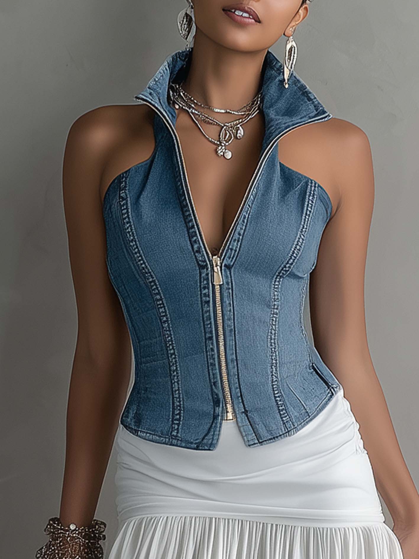 Denim Corset Top And White Maxi Skirt Set