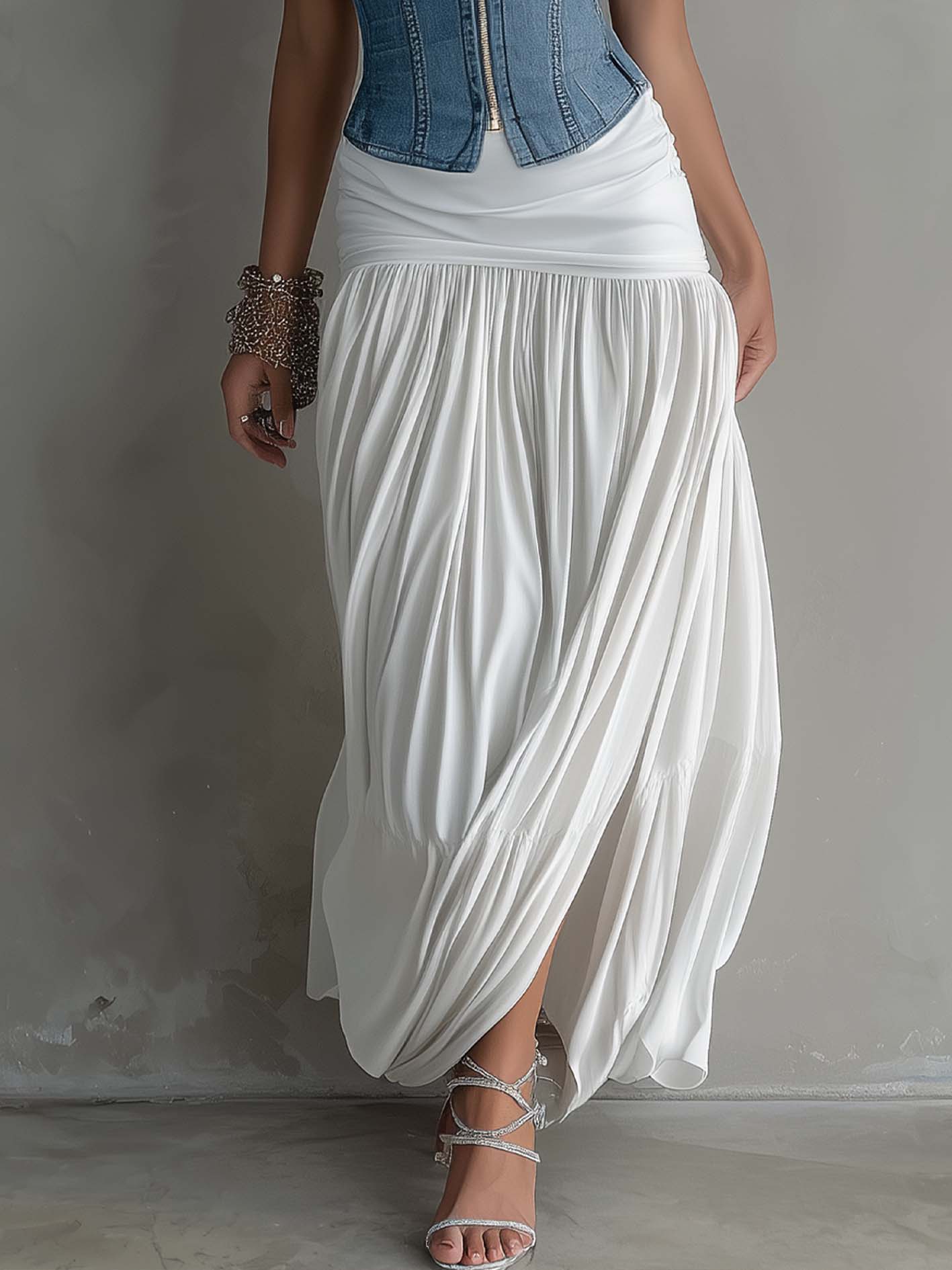 Denim Corset Top And White Maxi Skirt Set
