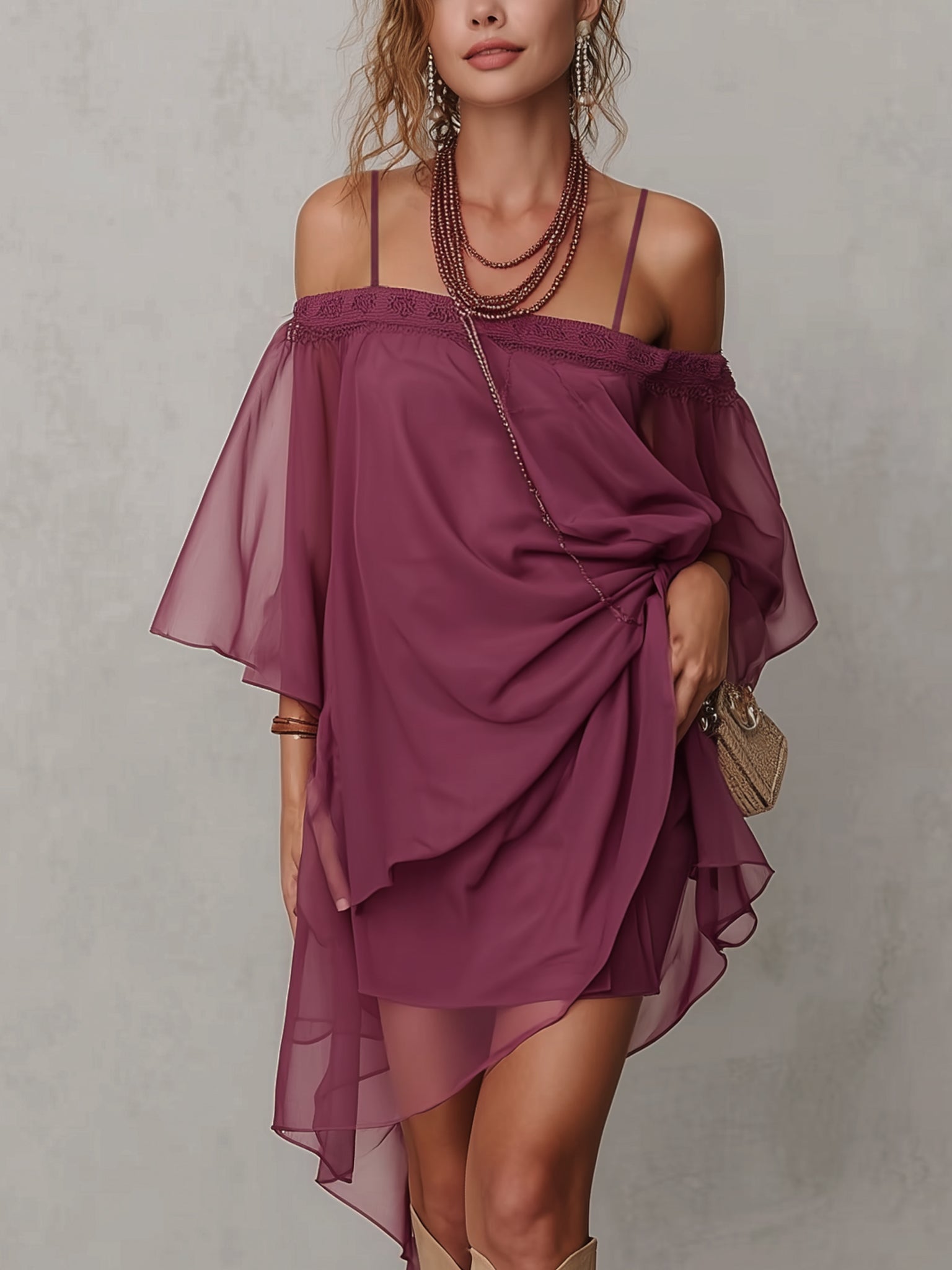 Purple Off Shoulder Chiffon Mini Dress
